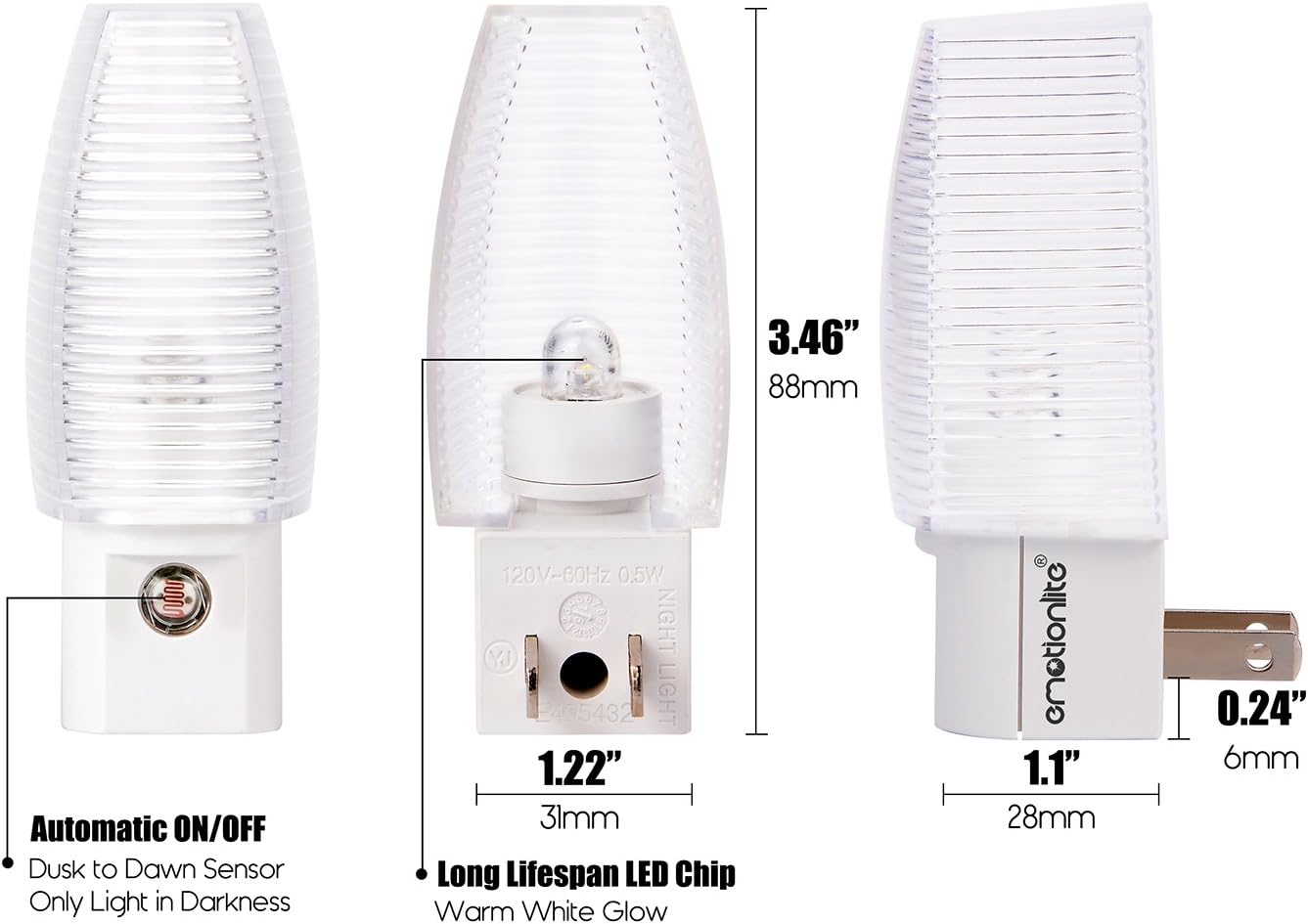 Emotionlite Plug-in Night Light, Dusk to Dawn Sensor, Warm White, 4 Pack | Warm white sensor night light, ideal for nursery, bedroom, bathroom, hallway, stairs & kitchen