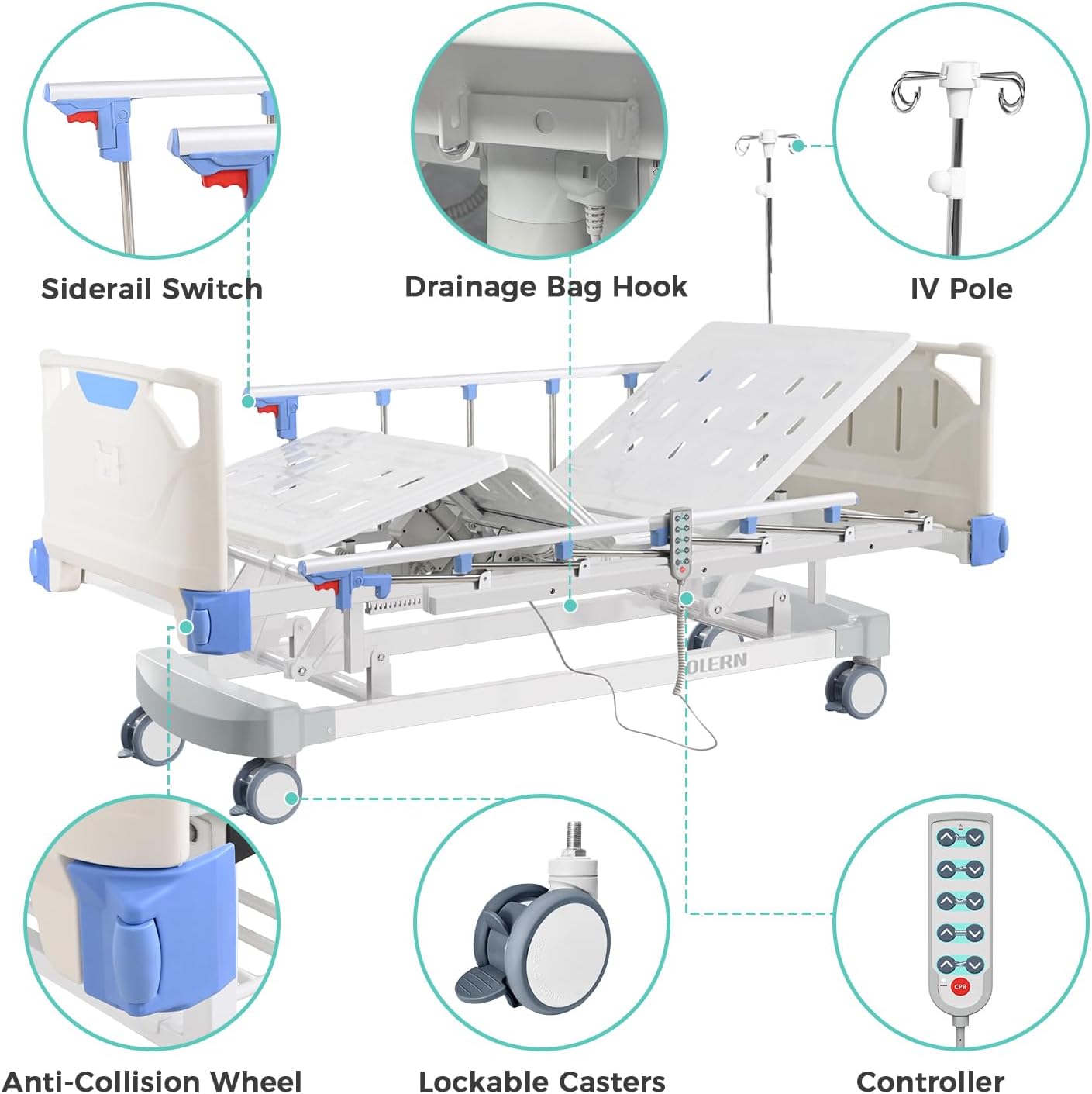 Premium 3 Function Full Electric Hospital Bed,Adjustable Medical Bed | 550LBS,4.7" Waterproof Mattress,Adjustable Height,One-Click CPR,Iv Pole,Germany Moter for Home Use Hospital Nursing Clinic