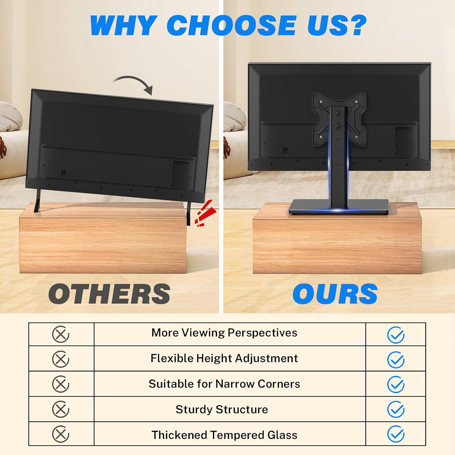 Rfiver Universal Swivel TV Stand for 27-50 55 60 Inch TVs | Height Adjustable Tabletop TV Stand Holds up to 88 lbs, Pedestal TV Stand with Tempered Glass Base, Replacement TV Mount