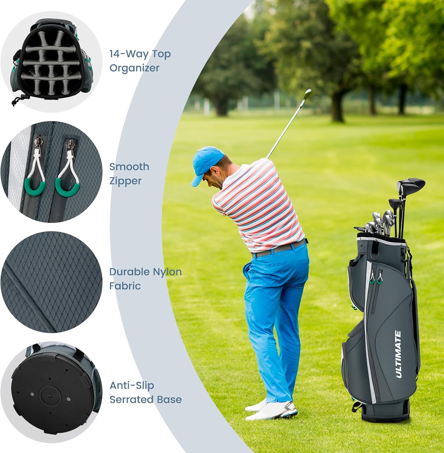 ULTIMATE 14-Way Golf Cart Bag, 3.7 LBS Lightweight Portable Golf Bag with Top Dividers, 7 Zipped Pockets Including Cooler Bag, Rain Hood