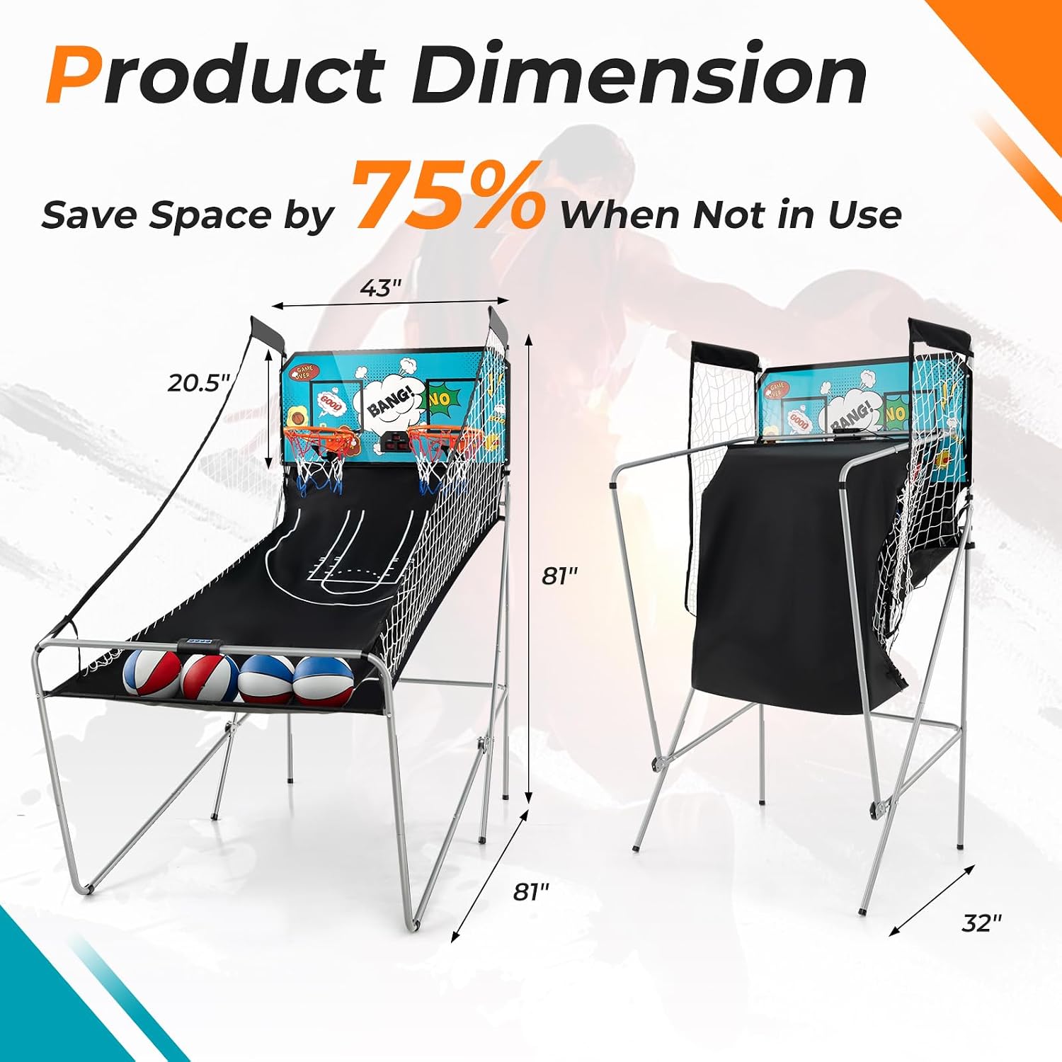 GYMAX Arcade Basketball Game Indoor Foldable with 8 Game Modes, Arcade Sound, 4 Balls and Inflation Pump, Electronic Basketball Games for All Ages Home