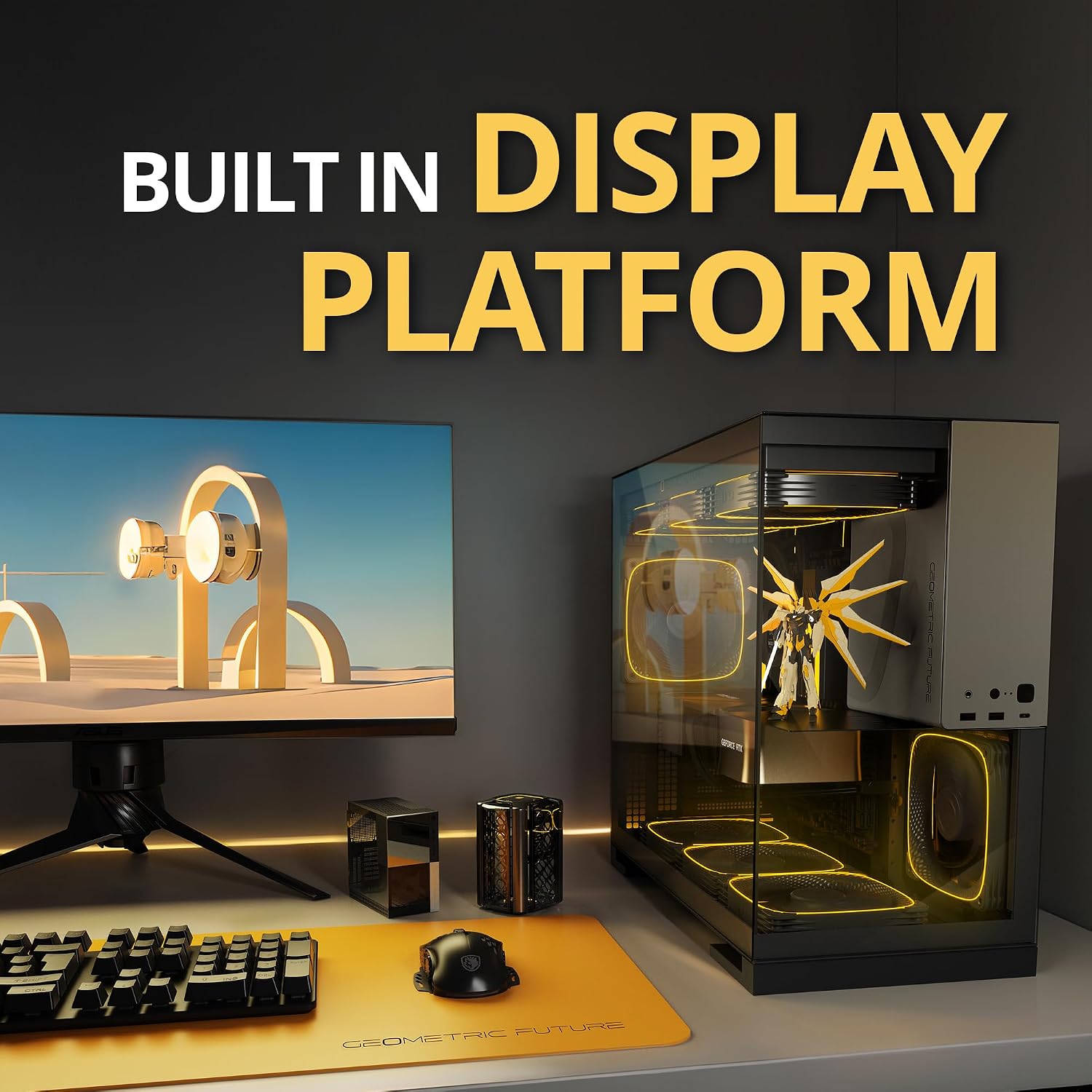 Geometric Future M5 Tempered Glass Mid Tower, E-ATX/ATX Gaming Case, 1.2mm Steel, Type C, Toolless Panels, Support 420/360 Radiator, ARGB PWM 140m Fan x 5 Pre-Installed, Black/Yellow, GEO-M5F-BY