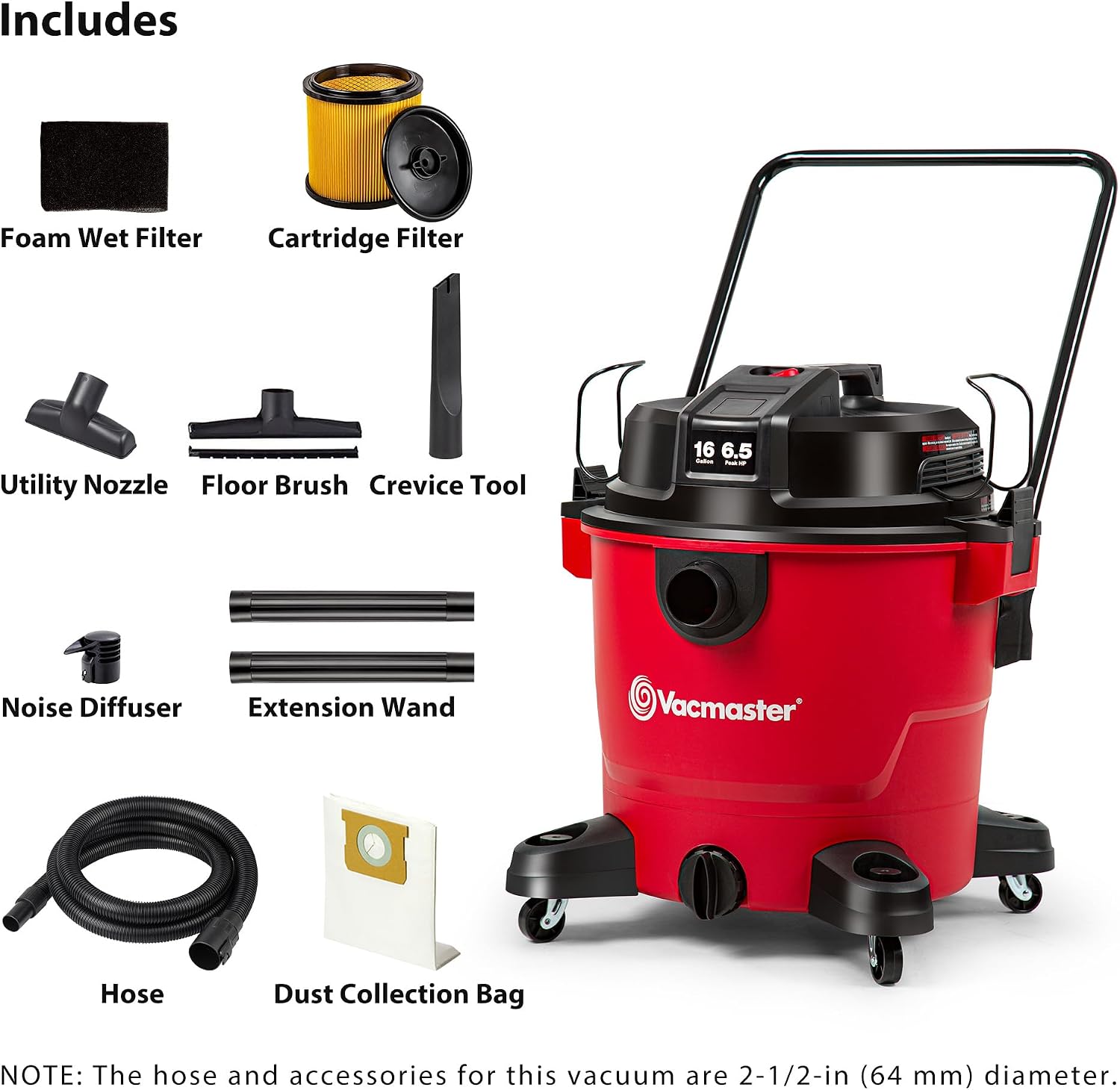 Vacmaster VJH1211PF 1101 12-Gal 5.5 Peak HP Heavy-Duty Wet/Dry Vac Red