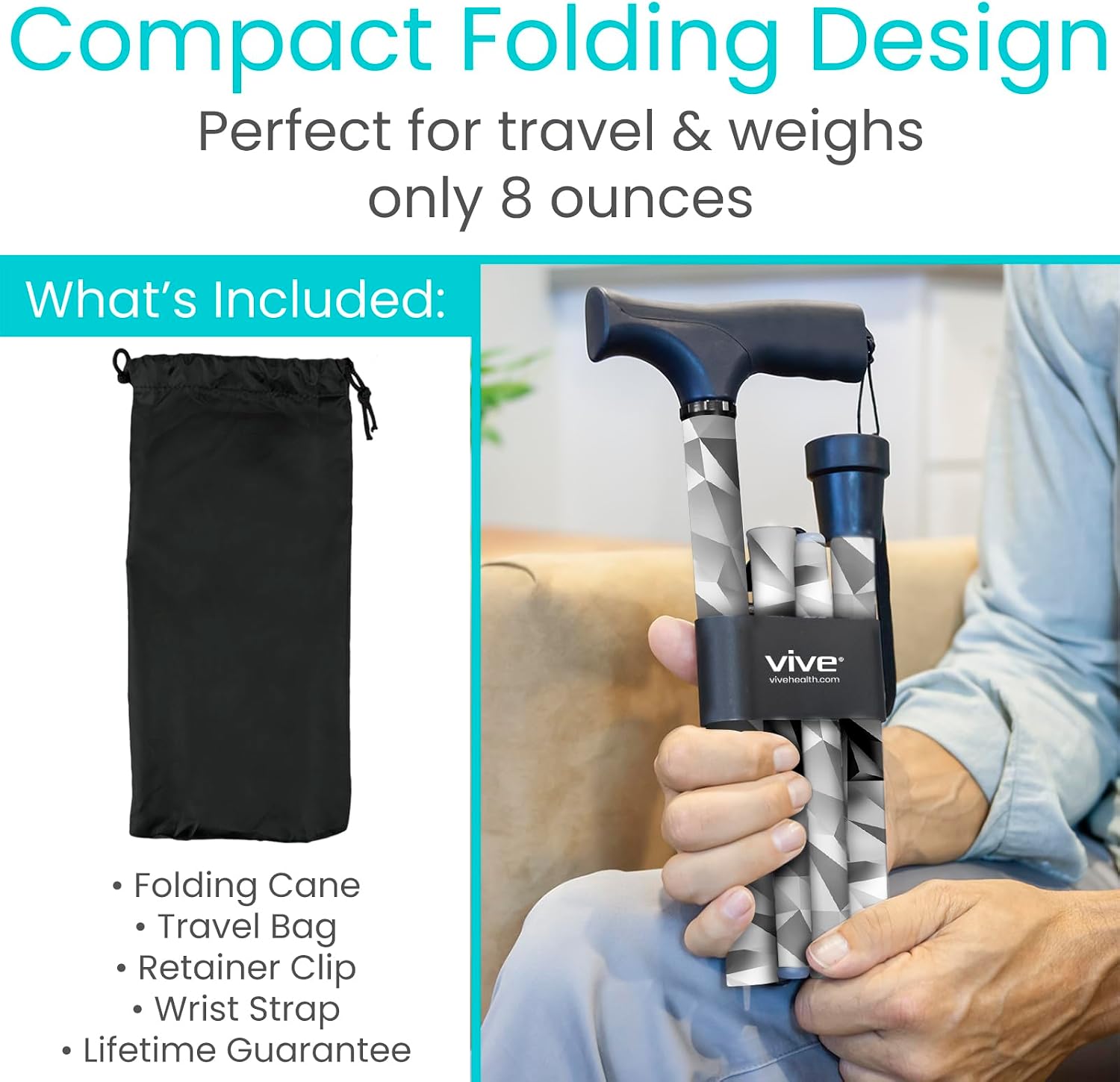 Vive Folding Cane - Foldable Walking Cane for Men, Women - Fold-up, Collapsible, Lightweight, Adjustable, Portable Hand Walking Stick - Balancing Mobility Aid - Sleek, Comfortable | Lightweight, Adjustable, Portable Hand Stick Balancing Mobility Aid Slee…