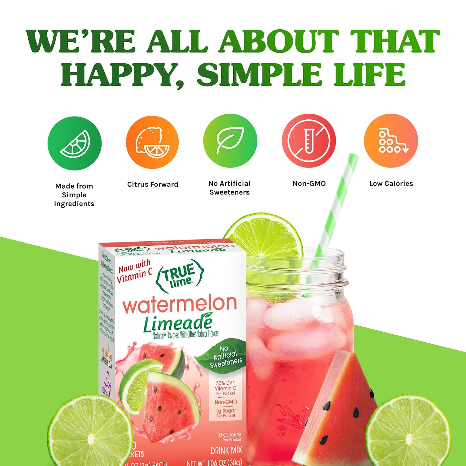 True Lime Watermelon Limeade Powdered Drink Mix Packets, 10 ct (12-pack) | Non-GMO, gluten free, low calorie water enhancer, no artificial sweeteners