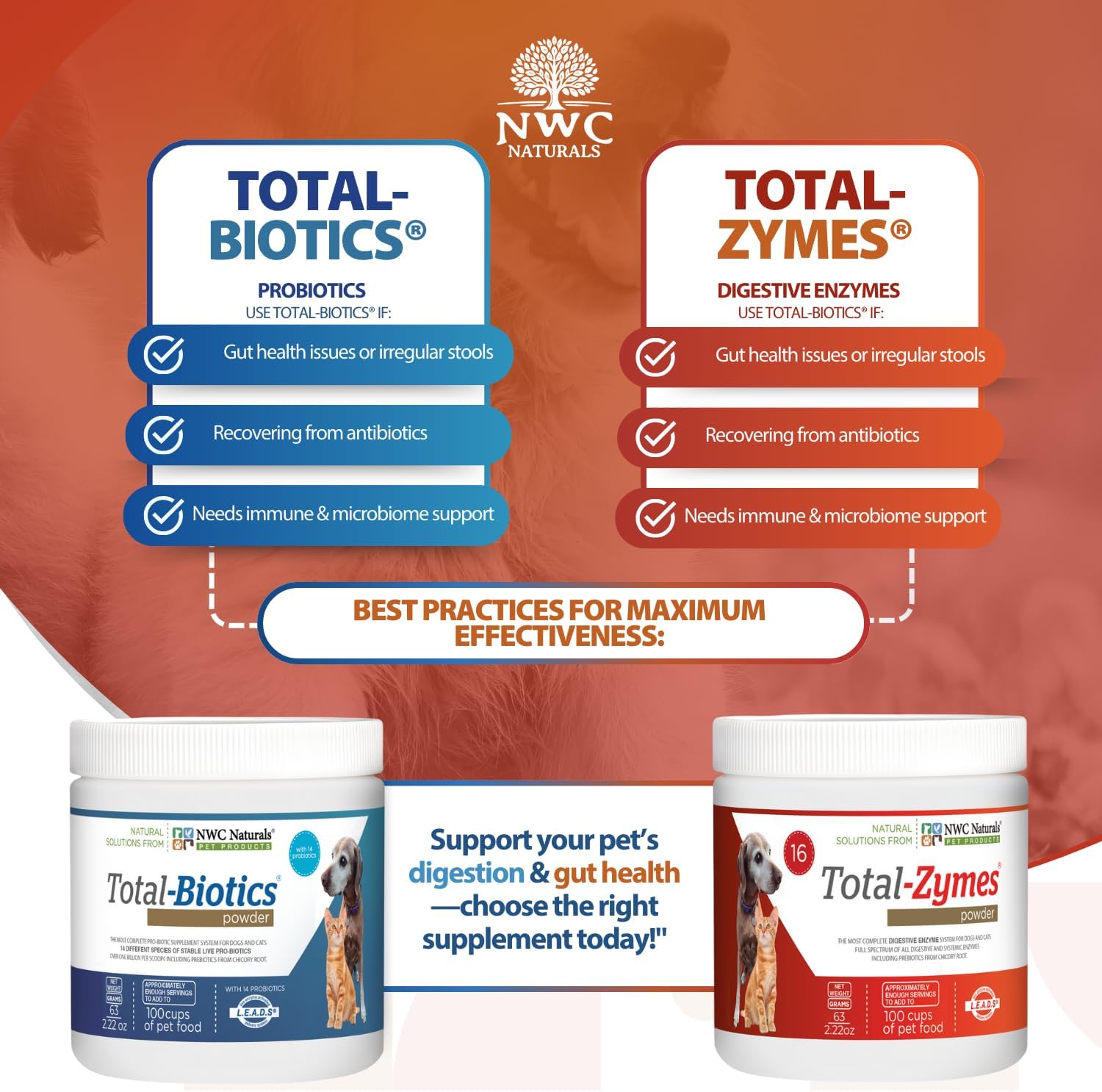 Pet Probiotic and Digestive Enzyme Powder Twin Pack, 2 Jar Set | 14 Probiotic Strains, 16 Digestive Enzymes, Flavorless Powders Blend with Pet Food, Each Jar Covers About 365 Cups of Food