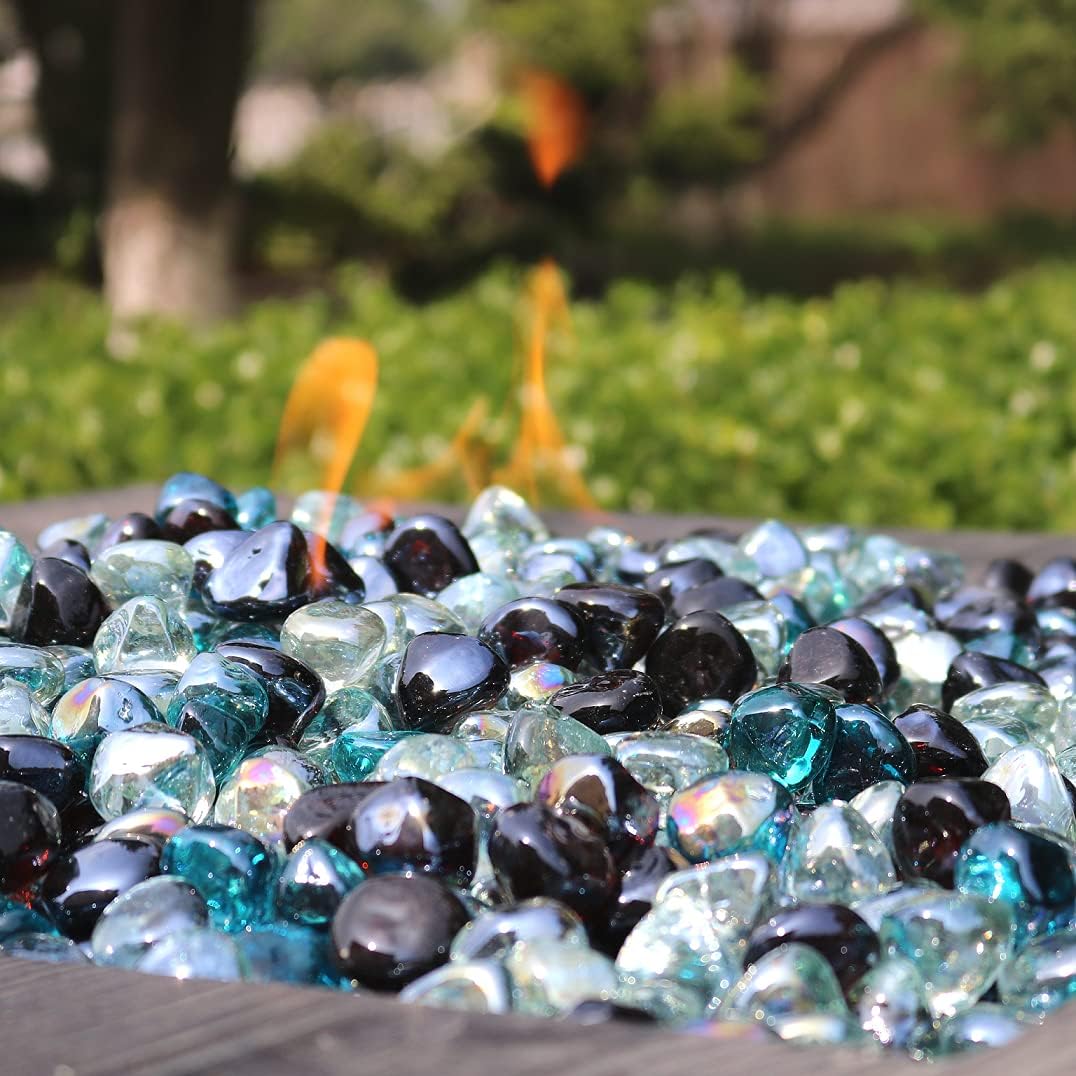 Fire Glass Diamond 1 Inch Fire Pit Glass Rocks for Propane or Gas Fire Pit （10 Pounds Margarita Azura Blue ） Gift Package