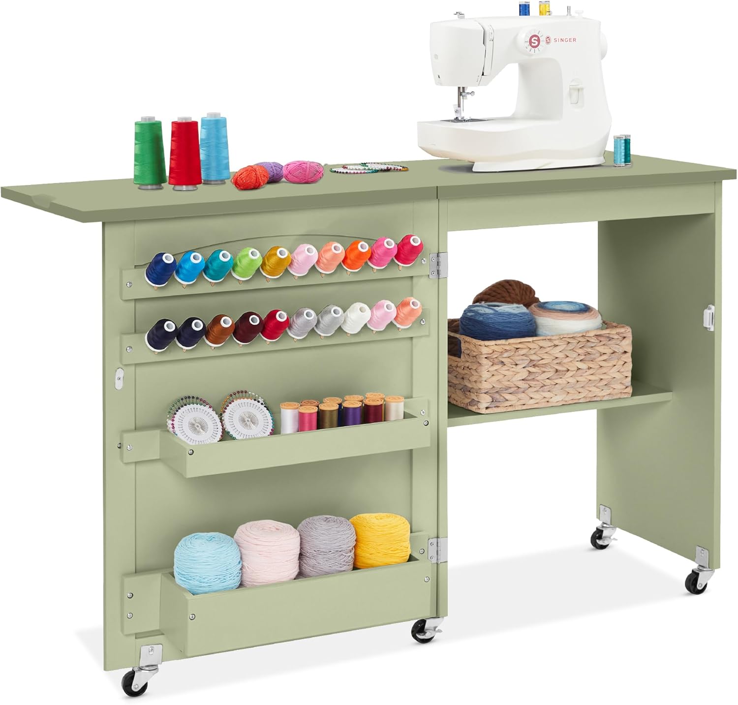 Best Choice Products Folding Sewing Table Multipurpose Craft Station & Side Desk with Compact Design, Wheels, Shelves, Storage Trays, Pegs