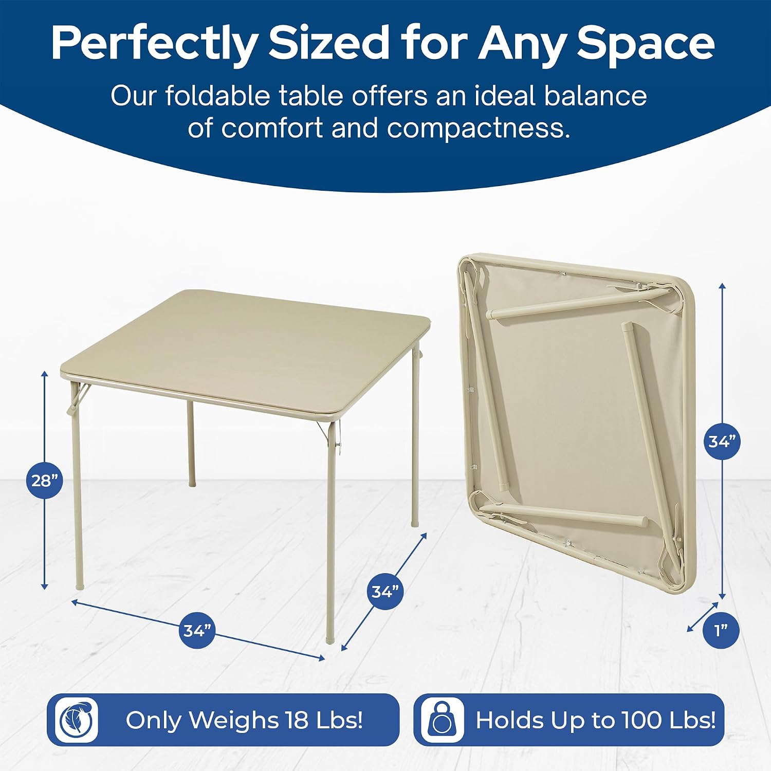 Sudden Comfort 34 by 34 Inch Portable EZ Slide Leg Lock Square Metal Padded Vinyl Top Folding Dining Card Table in Buff Tan