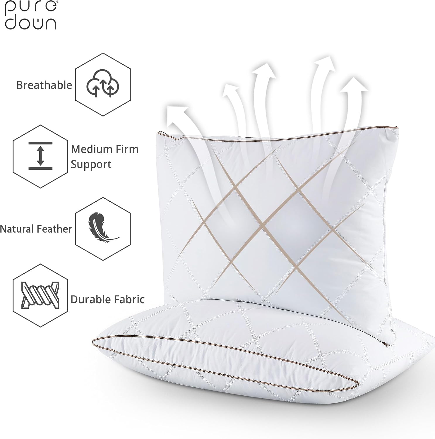 puredown® Goose Feathers and Down Pillow for Sleeping Hotel Collection Bed Pillows, Gusseted, Queen, Set of 2