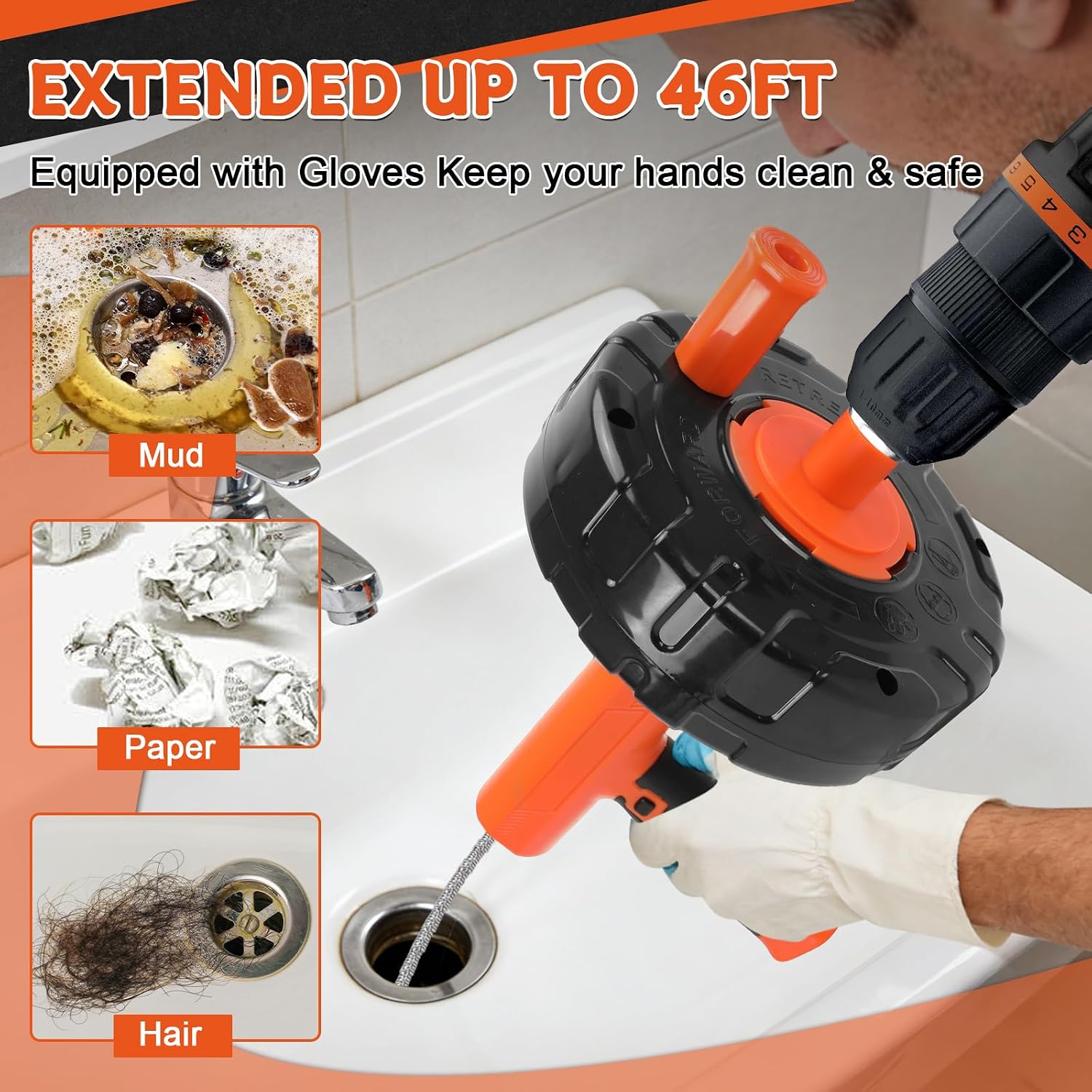 45 FT Drain Snake Auger Manual & Drill Powered Auto Retract | Drill Attachment Adapter, Automatic Feed & Retract Cable