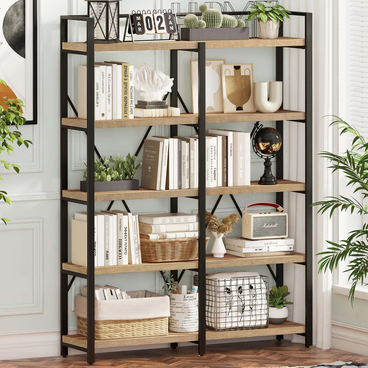 FATORRI Bookshelf, 5 Tier Industrial, 51 Inch Wide 69 Inch Tall Etagere Bookcase