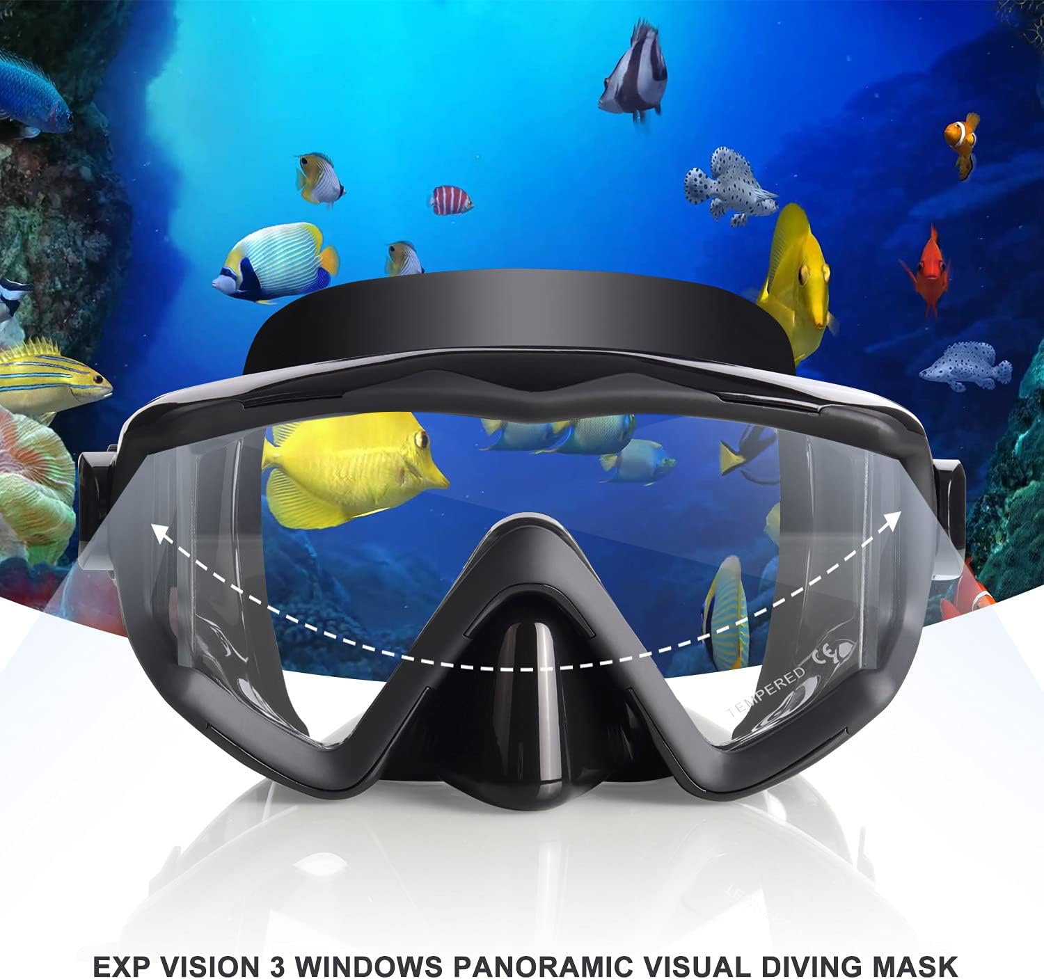 Adult Pano 3 Scuba Diving Mask, Tempered Glass Snorkel Mask Anti-Fog Swim Mask No Leakage Swim Goggles with Nose Cover Snorkeling Gear for Snorkeling
