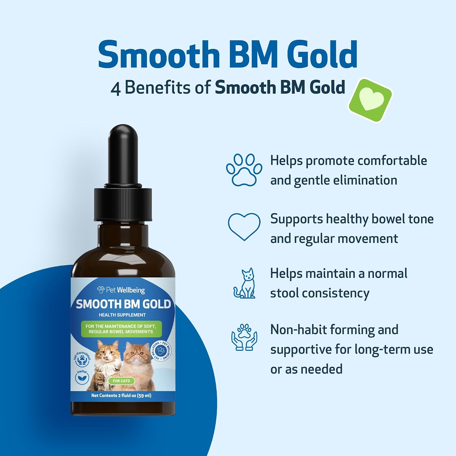 Pet Wellbeing Smooth BM Gold for Cats - Gentle Constipation Relief for Felines - Natural Herbal Supplement 2 oz (59 ml) | NASC Certified & Vet-Formulated Liquid Digestive Supplement with Triphala for Healthy Bowel Movements & Stool Consistency