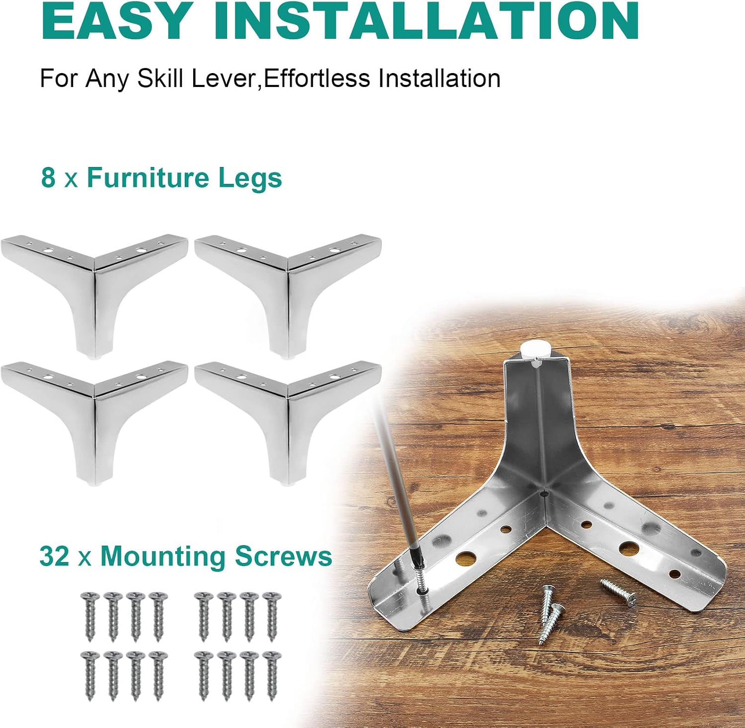 4 Pack 4 Inch Furniture Legs, Chrome Metal Polished Triangle Feet