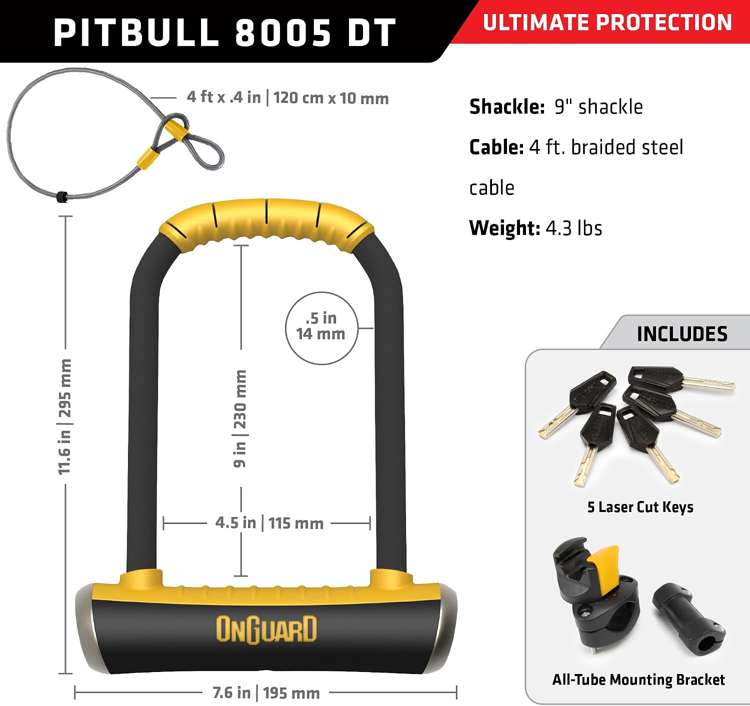 OnGuard Pitbull STD DT U-Lock with 4 ft Cable – 14 mm Hardened Steel Shackle (115 × 230 mm) – Quad Lock System for Bike Security –