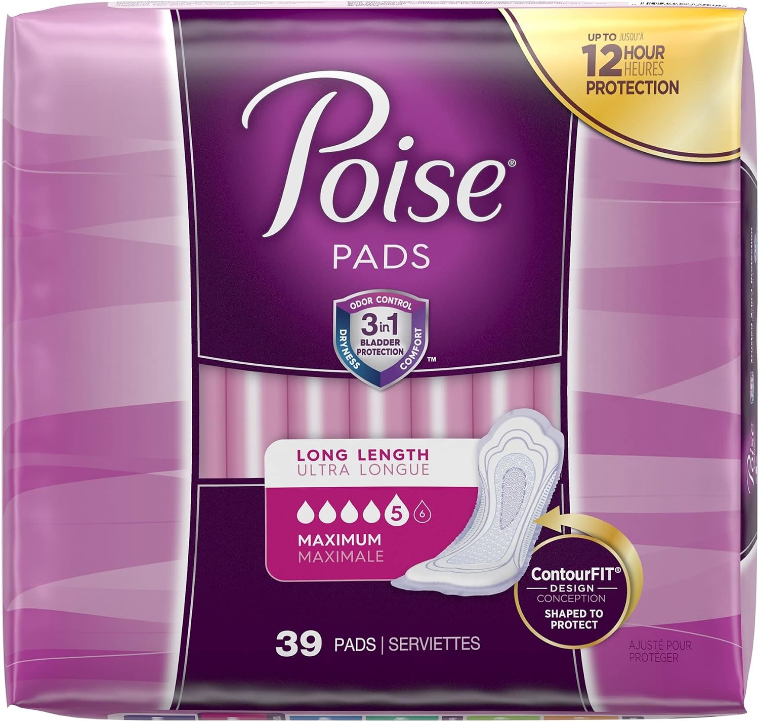 Poise Incontinence Pads, Maximum Absorbency, Long, 12 ct