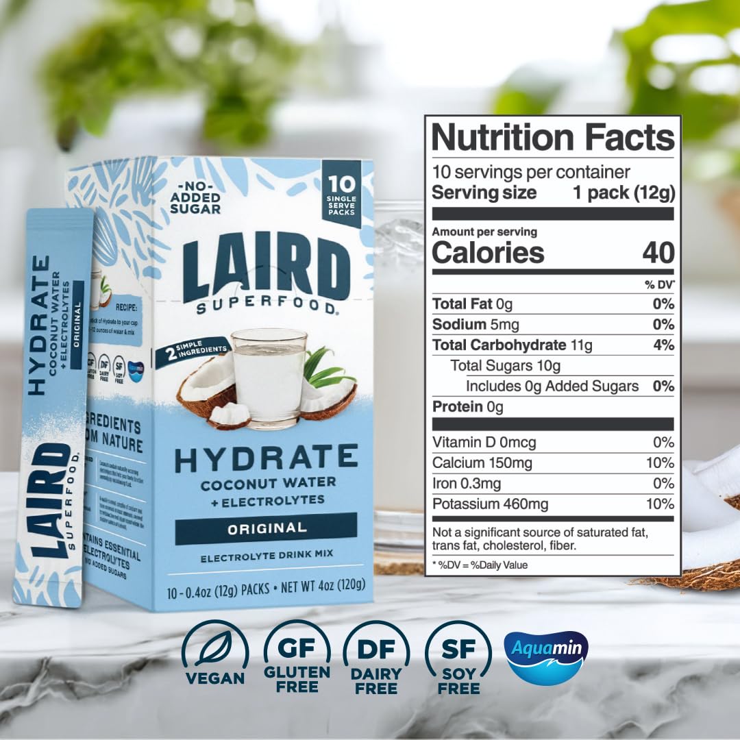 Laird Superfood HYDRATE Coconut Water Powder Drink Supplement with Coconut Water and Auqamin, All Natural, No Added Sugars, Gluten-Free, Non-GMO, Vegan, 8 oz. Bag, Pack of 1