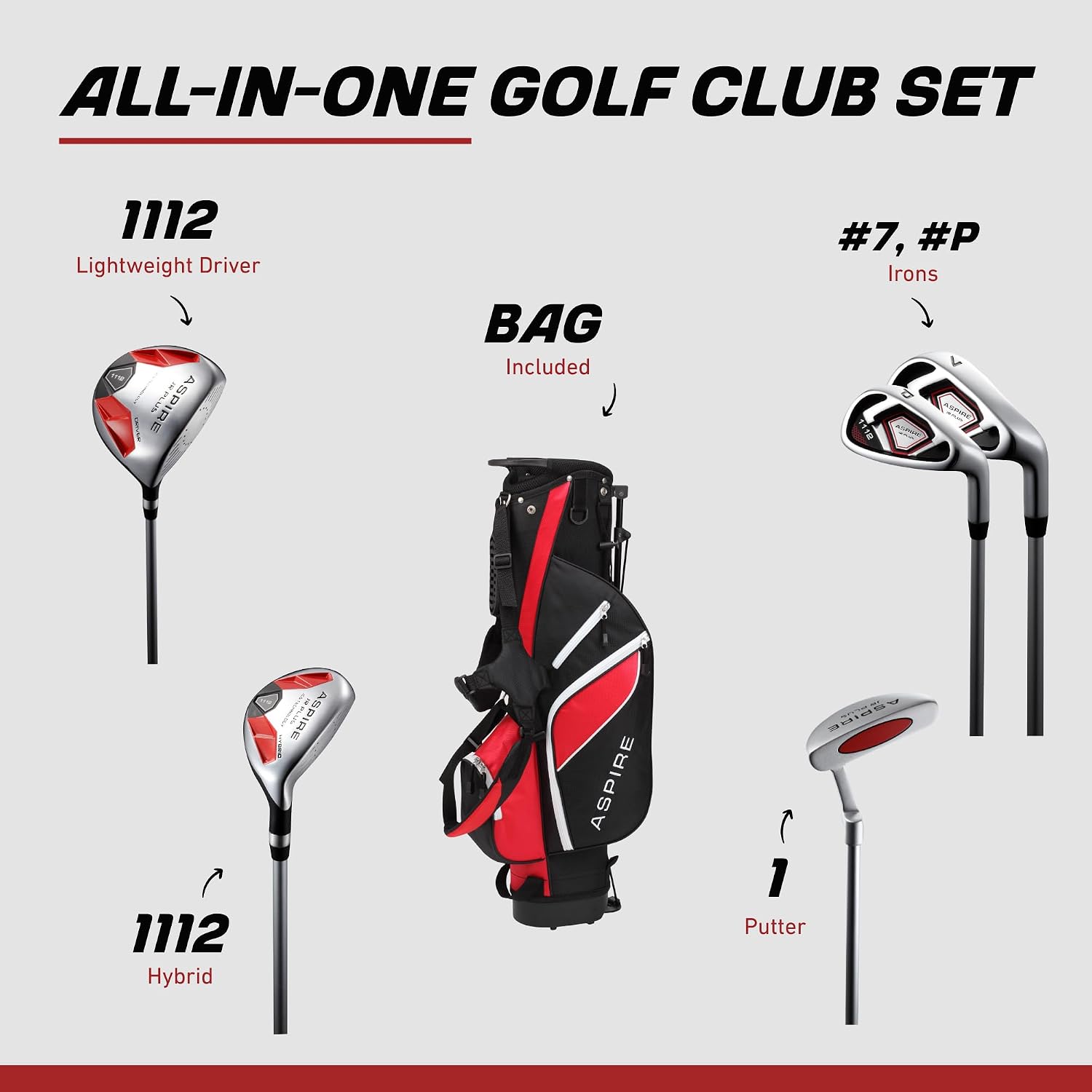 Aspire Junior Plus - Kids Complete Golf Club Set | Aircraft-Grade Aluminum, 15% Larger Clubhead, 7 Iron & Pitching Wedge, Progressive Flex Shafts, Rain Hood, 2 Headcovers
