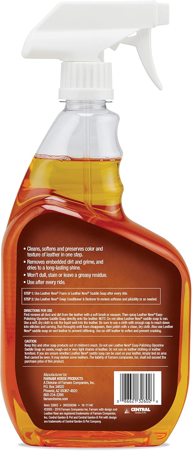 Farnam Leather New Easy-Polishing Glycerine Saddle & Leather Cleaner, 32 oz | Conditions Saddles and Leather Tack, Moisturizing, and Protects Against Moisture