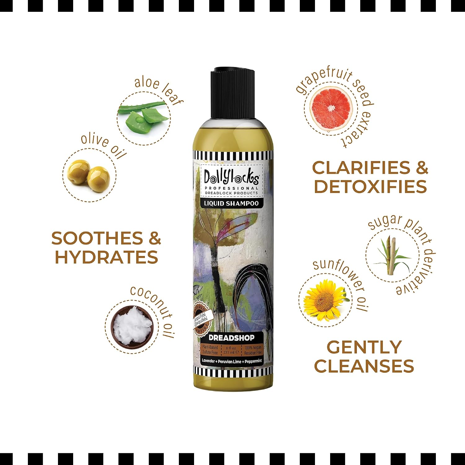 Dollylocks Clarifying Liquid Shampoo | Rosemary Peppermint Lemon | Paraben-free, Plant-Based, Vegan, Residue-Free Loc, Braid, Dreadlock Care | All hair types | 8oz