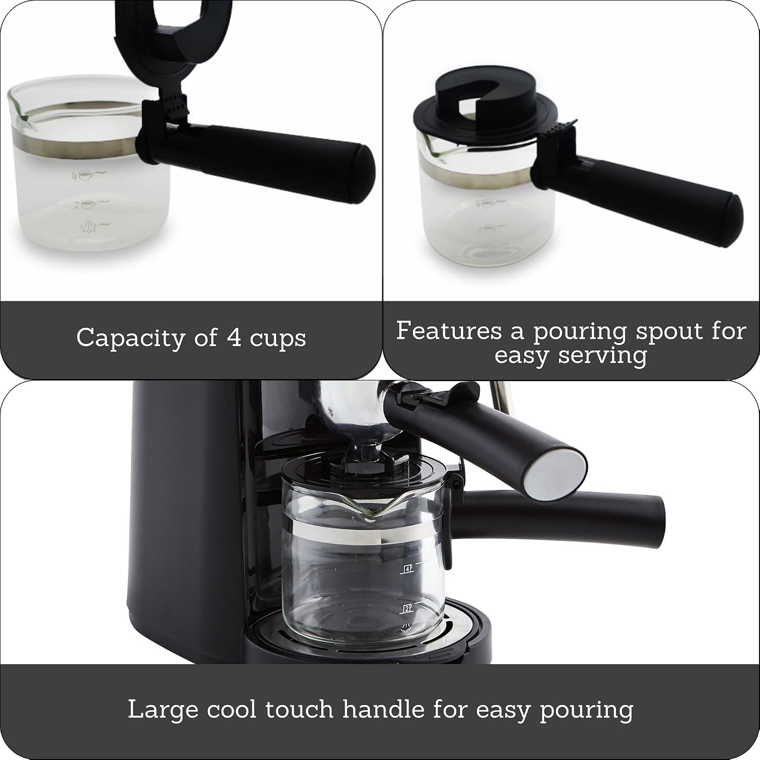 IMUSA 4 Cup Glass Replacement Carafe with Black Handle for Coffeemaker | Bare Glass Finish, Cool-Touch Black Handle with Lid, Ideal for Espresso