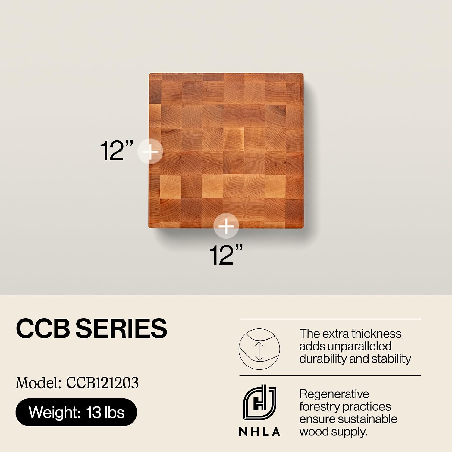 John Boos CCB Series Square Wooden Maple Cutting Board 12”x12” – 3” Thick, 13-lb Reversible Butcher Block with End-Grain & Finger Grips – Made in the USA