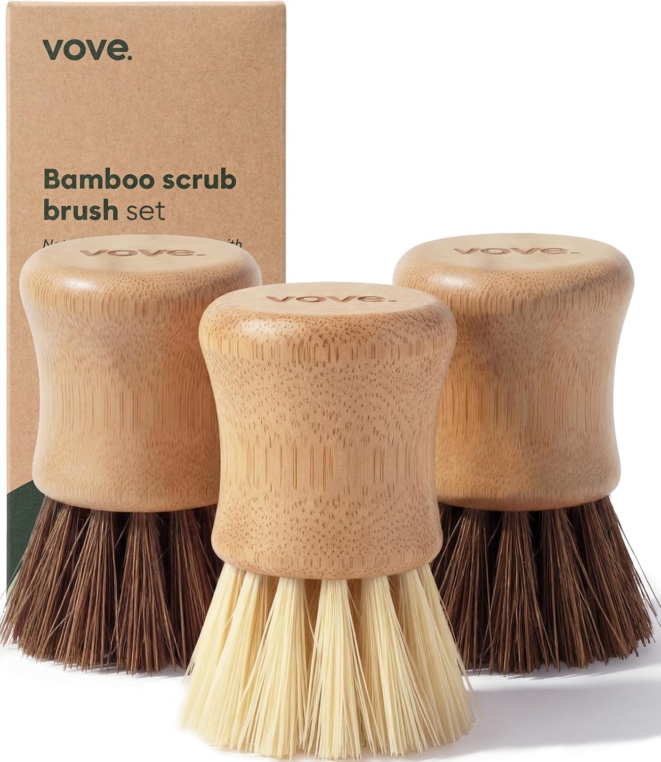 Vove Bamboo Dish Scrub Brush Set 3-Pack, 2 Hard and 1 Medium Brushes