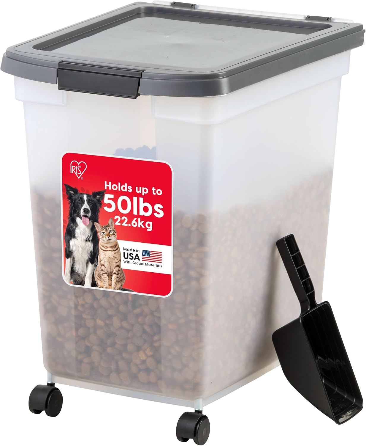 IRIS USA Dog Food Storage Container, Up to 25 lbs, Black, Made in USA | Wheels for Mobility, Airtight Seal, BPA-Free, Best for Bird Seed, Cat food, Cat Litter, Chicken Feed, Pellets