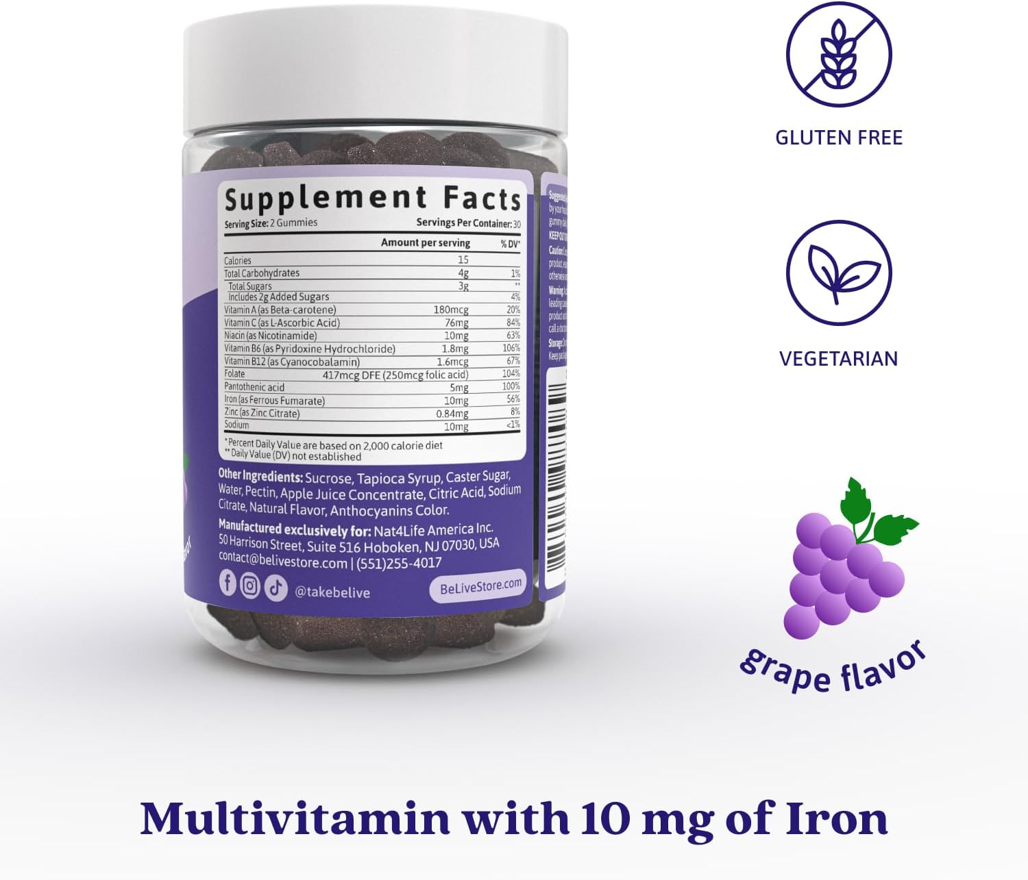 Belive Iron Gummies, Multivitamin Supplement, Blood Oxygen Support, 60 Ct | With Vitamin C, B Complex, Folate, and Zinc for Women, Men & Kids for Growth and Development, Grape Flavor