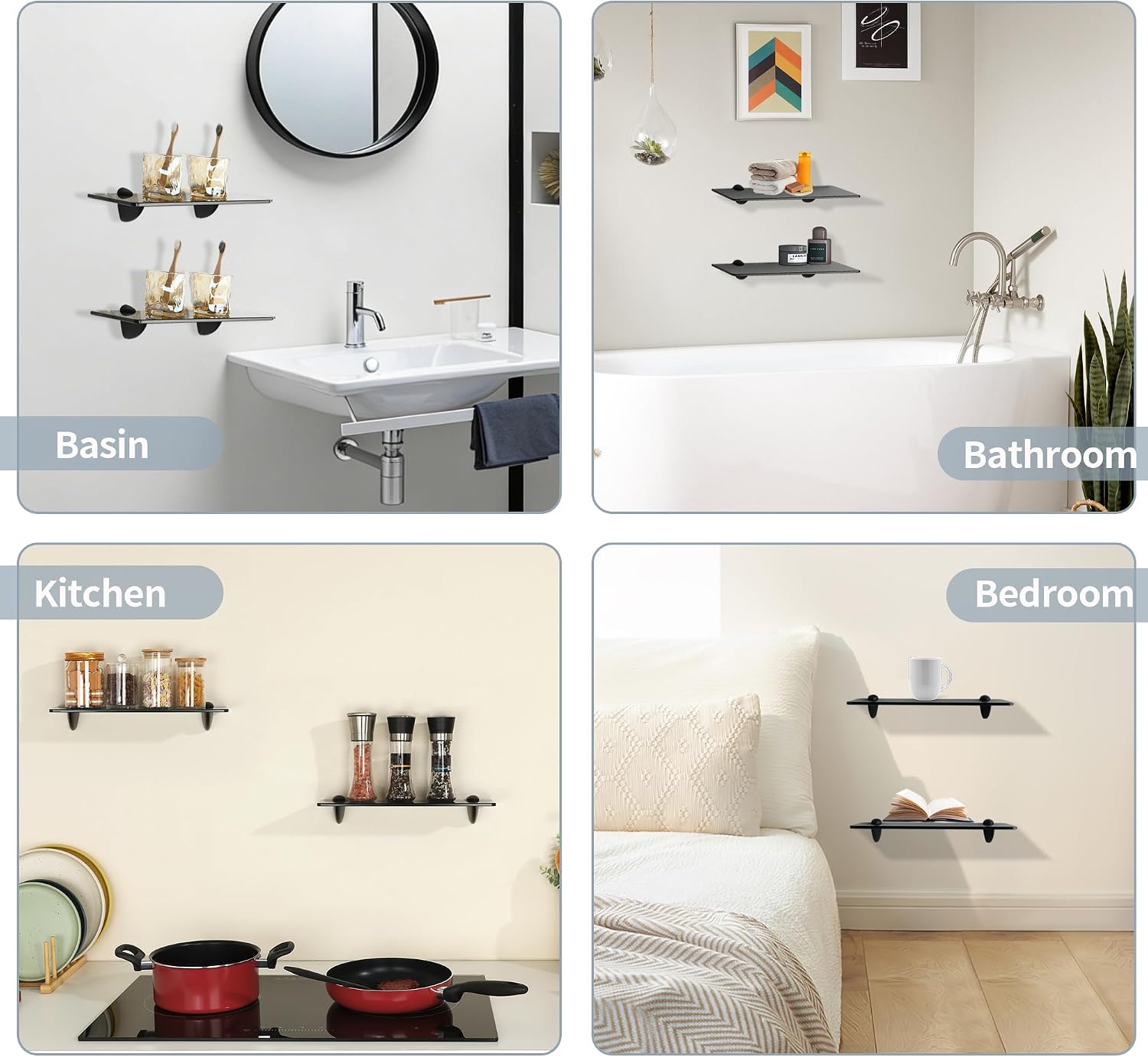 Alise Bathroom Glass Shelf, 15 Inch Floating Shelves for Wall, Matte Black