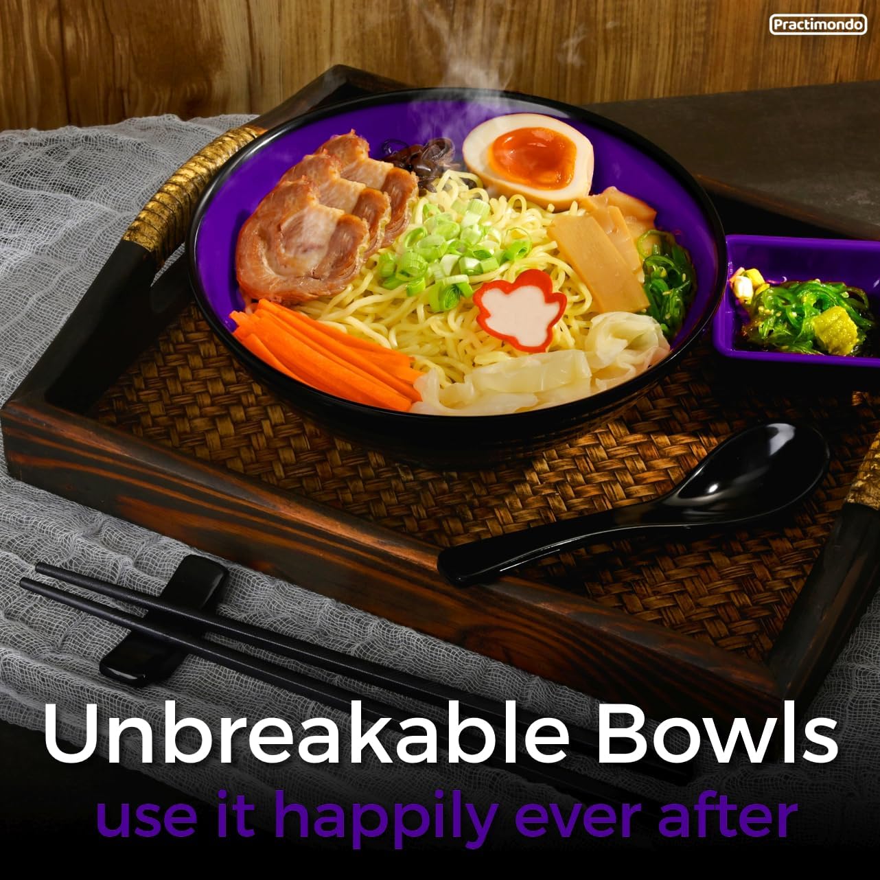 Unbreakable Ramen Bowl Set with Chopsticks and Spoon: 2 large Japanese Style Melamine Ramen Bowls