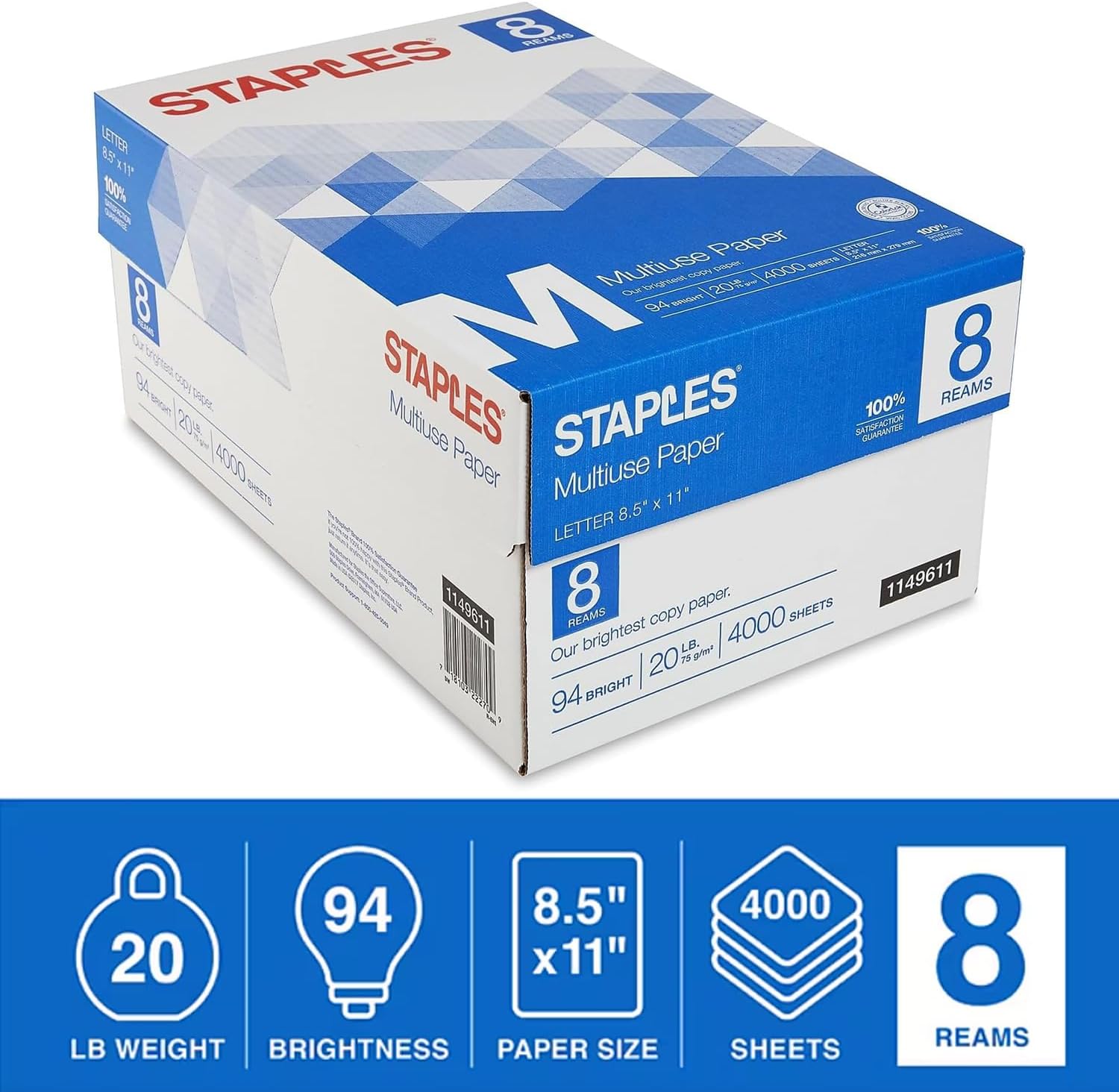 Staples Multipurpose Copy Paper, 8.5x11, 20lb, 94 Bright, 10 Reams/Carton | 5,000 white sheets total. Smooth finish reduces jams in copiers, laser & inkjet printers.