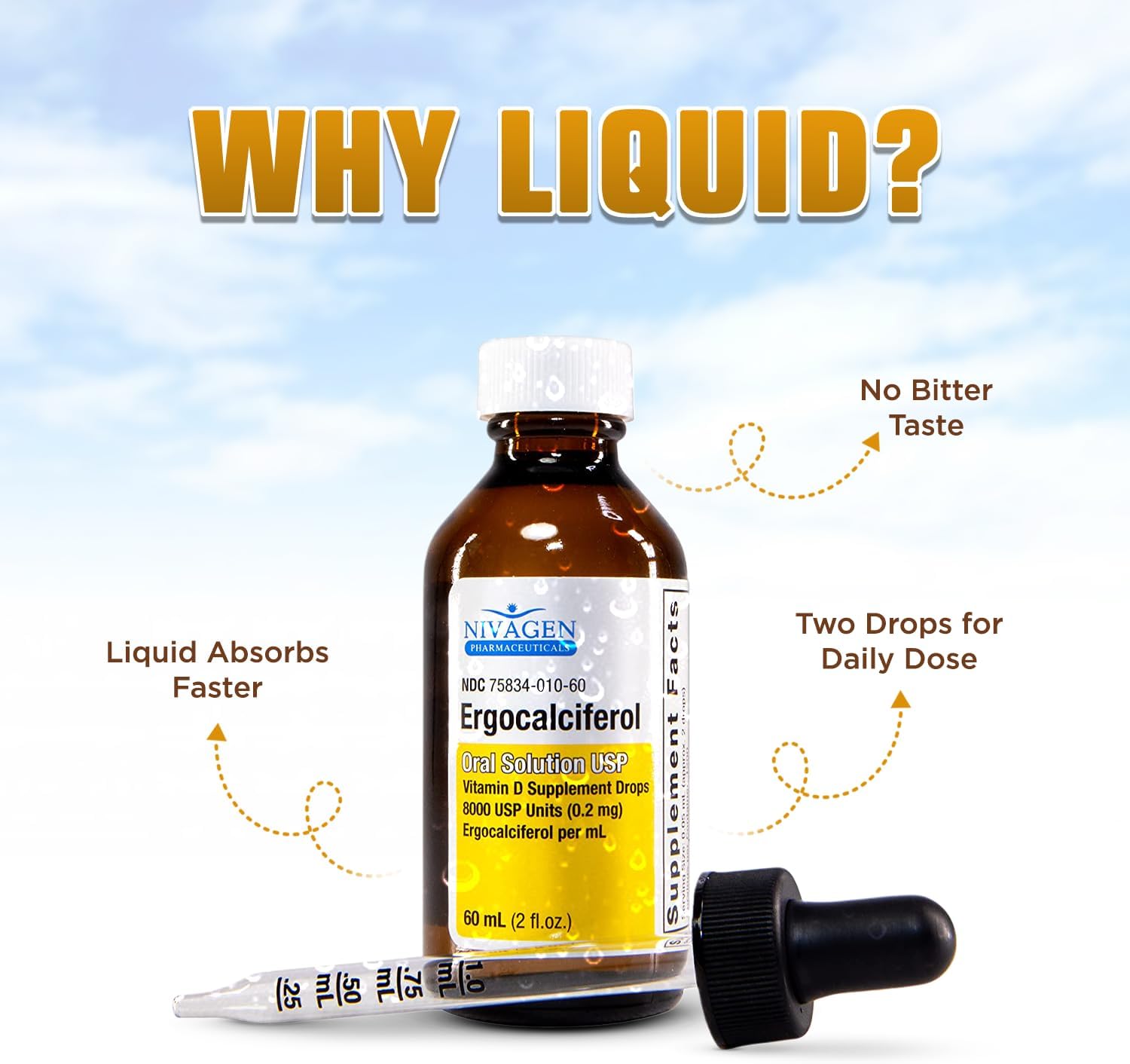 Nivagen Vitamin D2 Liquid Drops 8, 000 USP (Ergocalciferol) | 400 IU per Serving | 2 Drops Once Daily | 1, 200 Servings