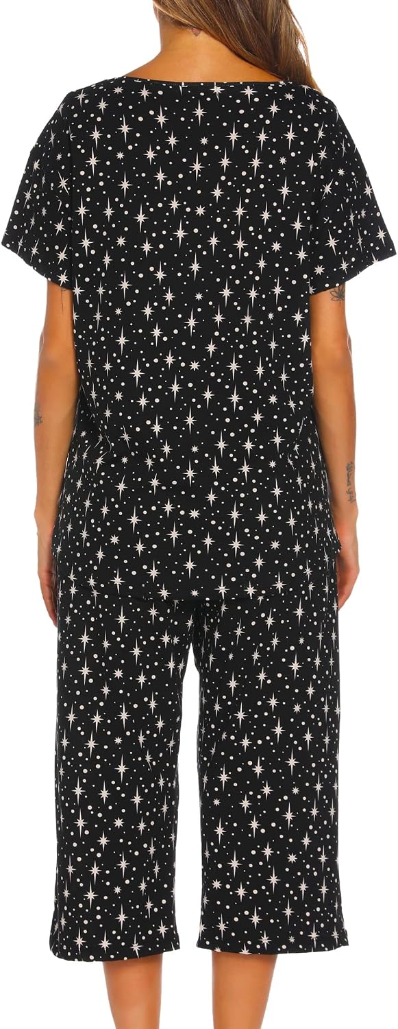 ENJOYNIGHT Womens Pajama Set Cotton Summer Pj Top with Capri Pant Sleepwear