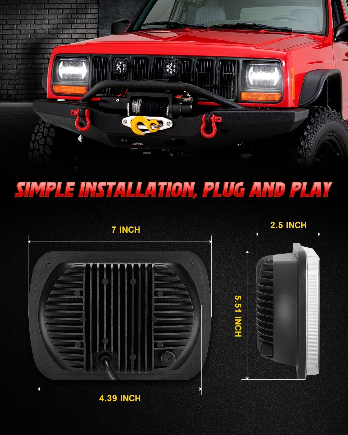 LX-LIGHT 105W 1000% Bright Black H6054 5x7 7x6 Led Headlights DRL Anti-glare Hi/Low Sealed Beam Compatible with Jeep Wrangler YJ Cherokee XJ Trucks Ford Chevy etc