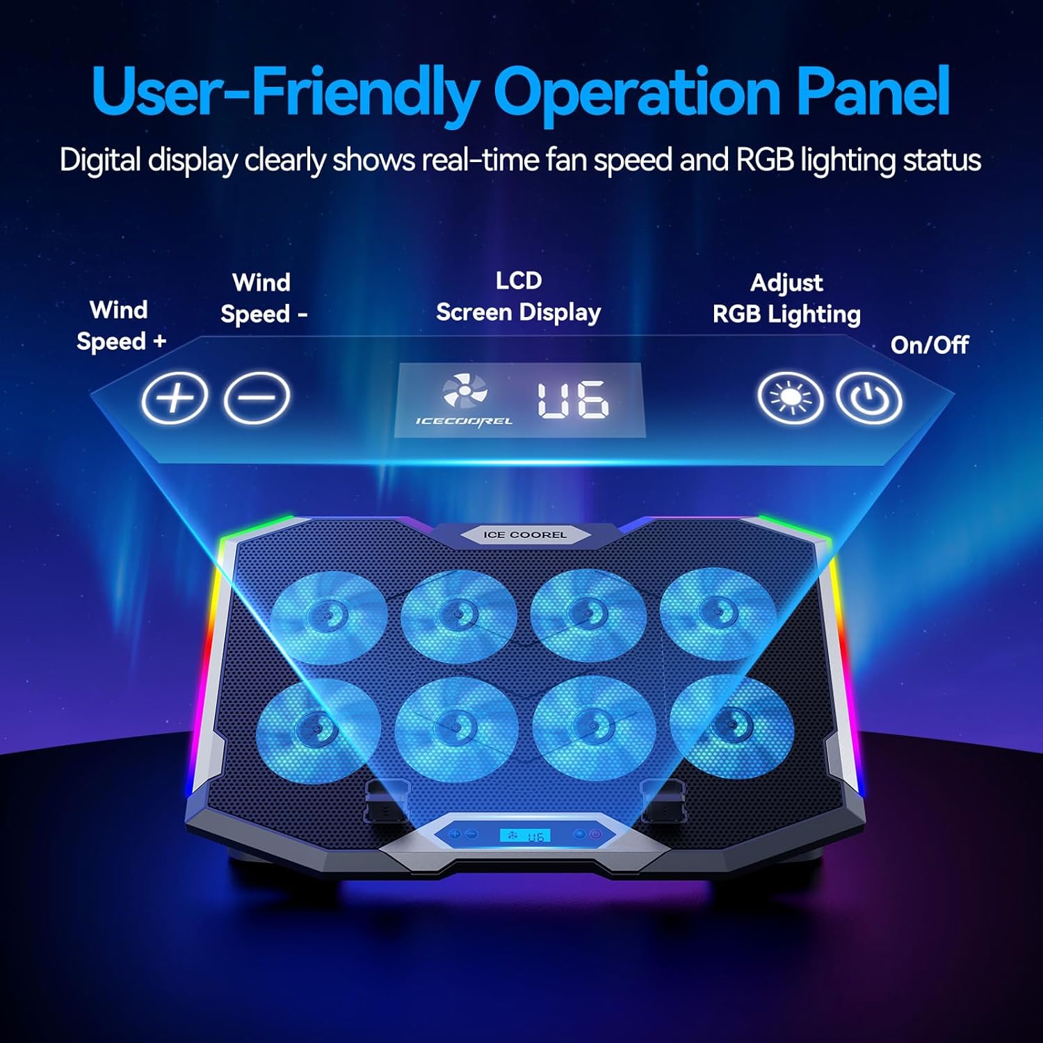 ICE COOREL Gaming Laptop Cooling Pad 15-17.3 Inch, Laptop Fan with 6 RGB Cooling Fans, Laptop Cooling Stand with 6 Height Adjustable