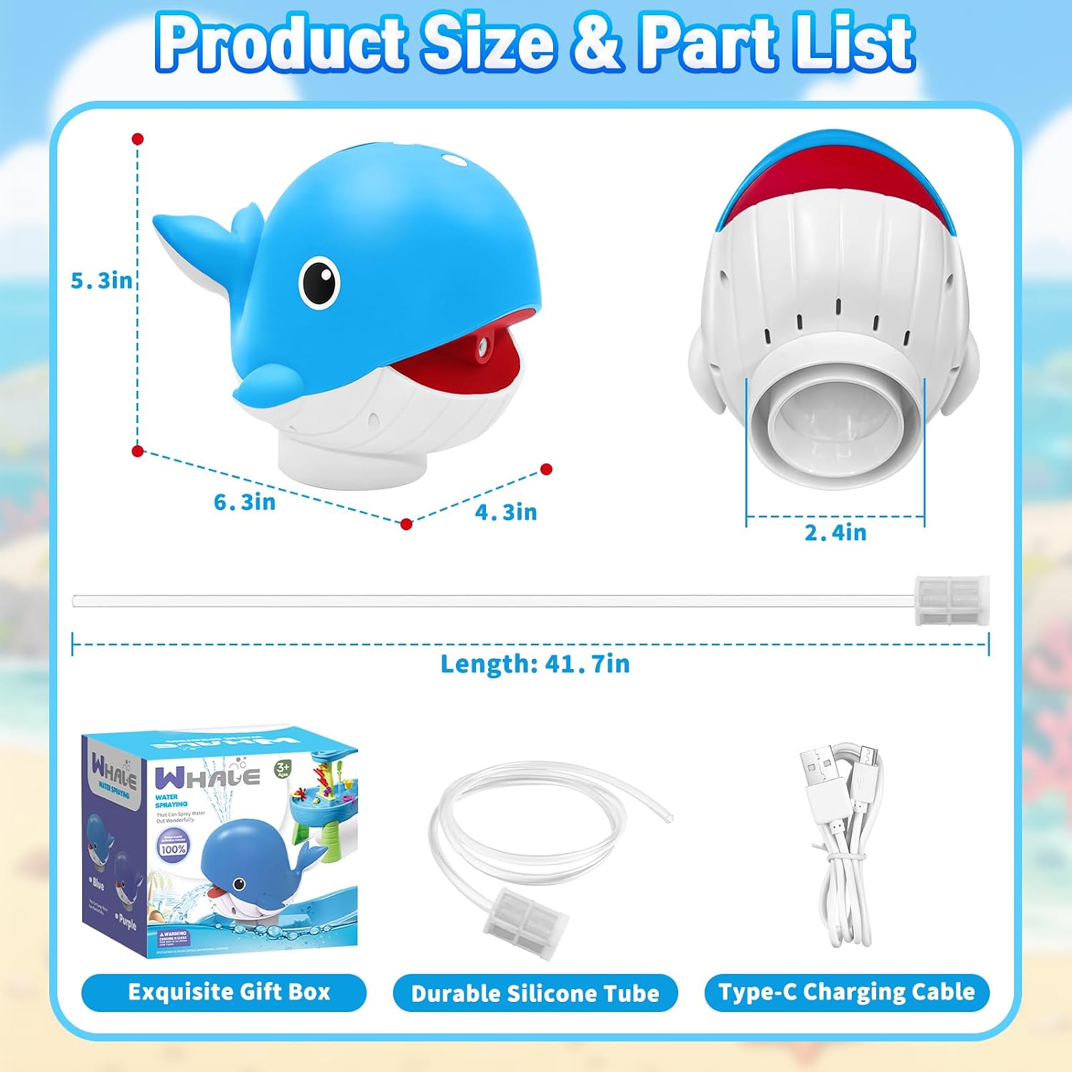 Water Table Pump, Rechargeable Water Pump for Water Table, 3.5 Hours Non-Stop Whale Pump with Sprinkler Outdoor Games Water Toys for Kids Toddlers, Outside Water Play Table Accessories (Blue)