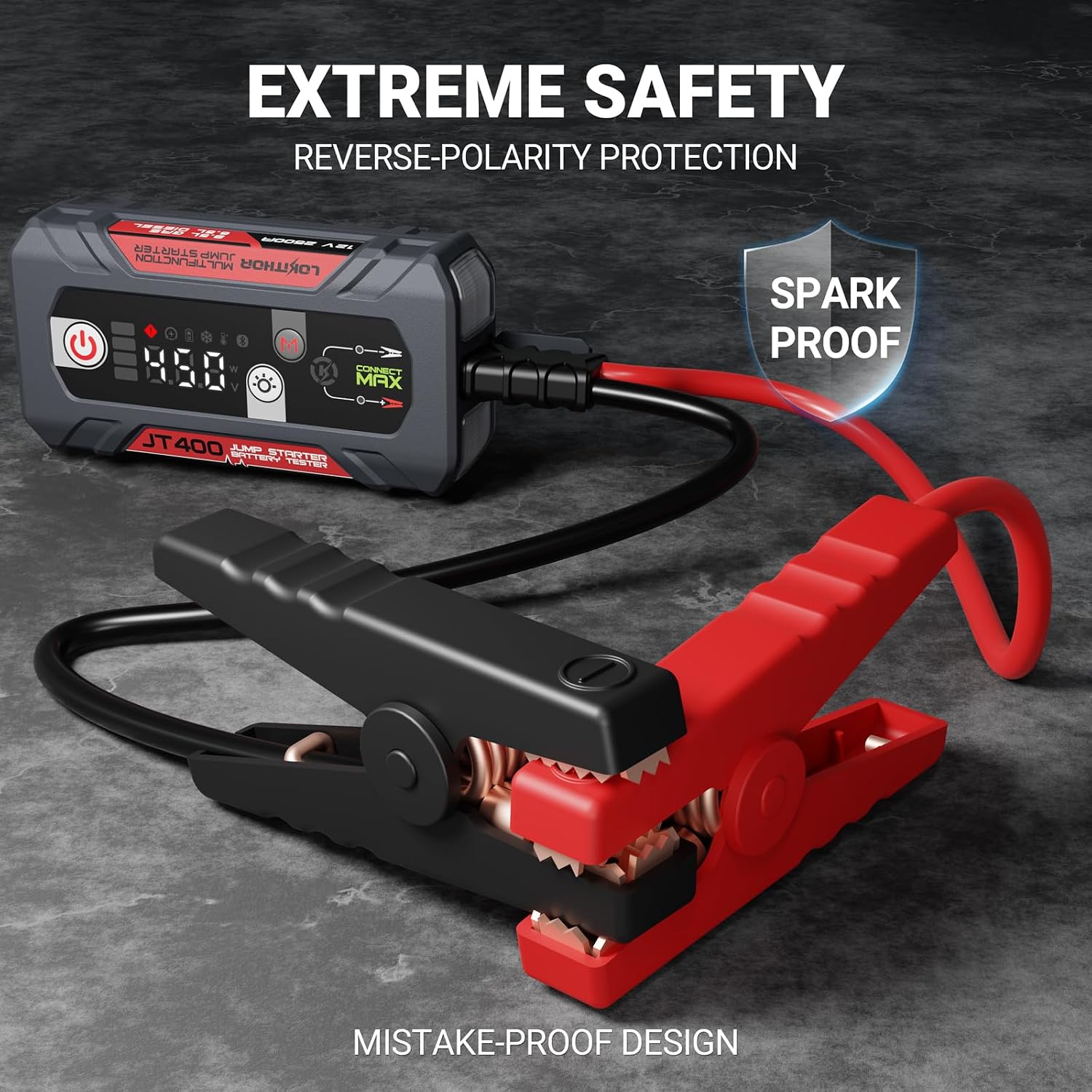 LOKITHOR JT400 2500A Portable Jump Starter with 100–2000 CCA Battery Tester, 12V Car Battery Jump Starter for Up to 8.5L Gas or 6.5L Diesel Engines, Smart Bluetooth Automotive Battery Load Tester
