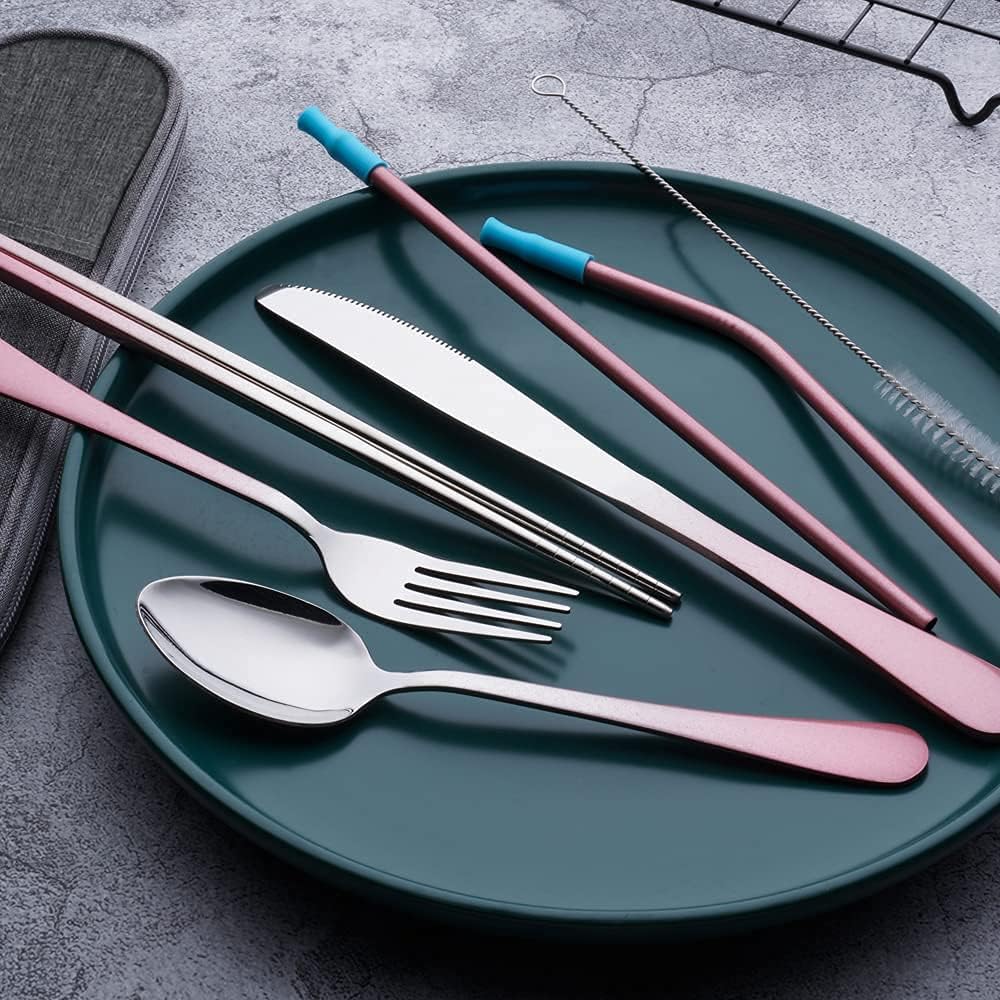 Travel Utensils Set with Case Reusable Portable Cutlery Set Stainless Steel 8pcs Including Dinner Knife Fork Spoon Chopsticks Straws(Rainbow)