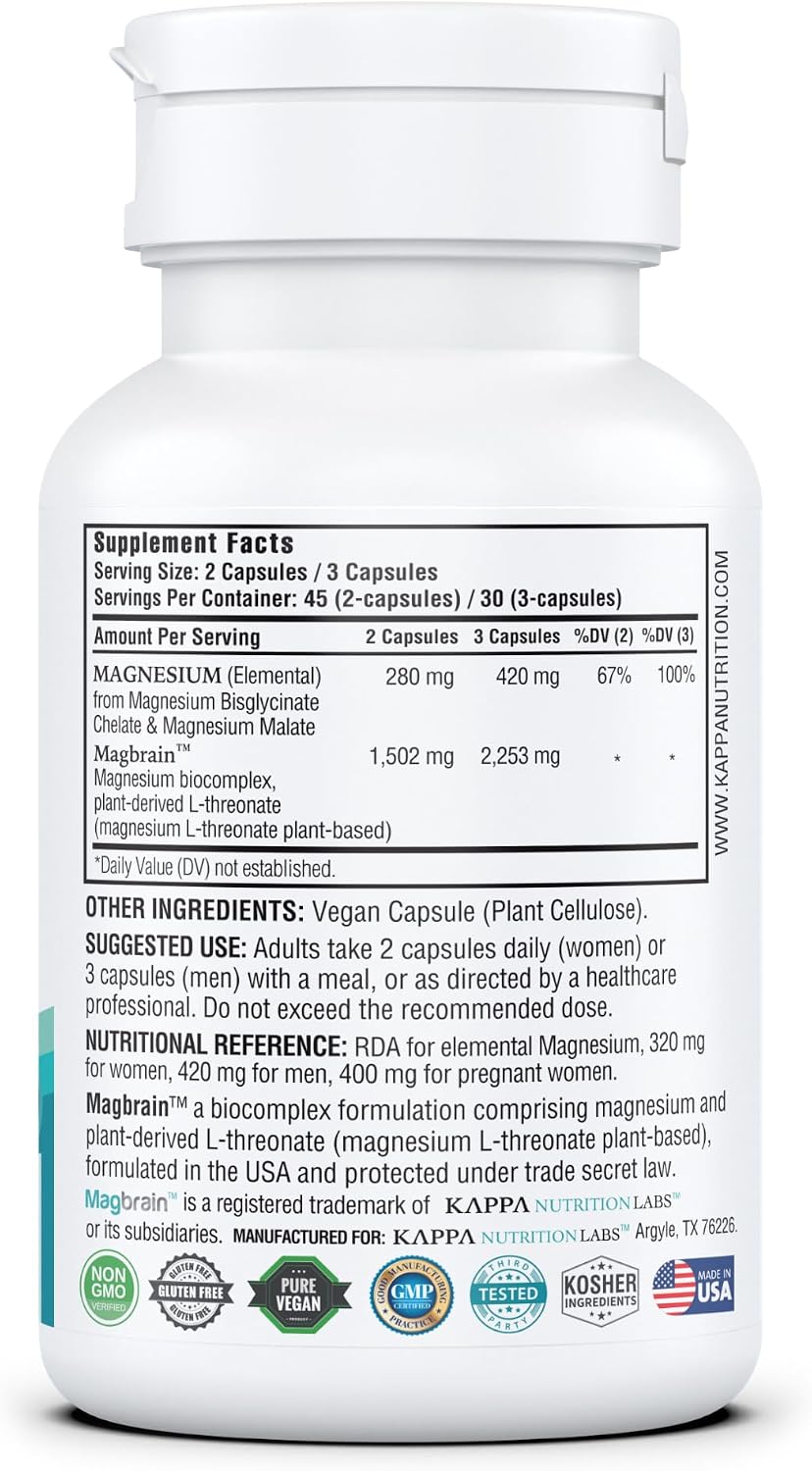 Kappa Nutrition Powered by Magbrain™ Magnesium L-Threonate Plant-Based, 420mg Elemental Magnesium (3 Capsules) from 2, 253mg, 120 Vegan Capsules
