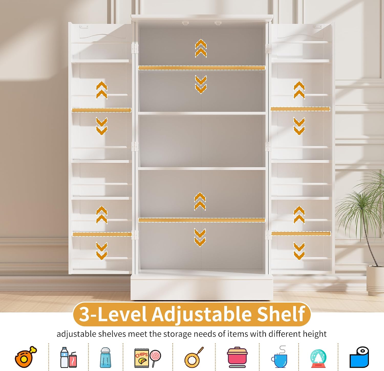 kepptory 47” Pantry Cabinet, Kitchen Pantry Storage Cabinet with Doors and Adjustable Shelves,Freestanding Buffet Cupboards Sideboard for Living Room and Dinning Room (White)