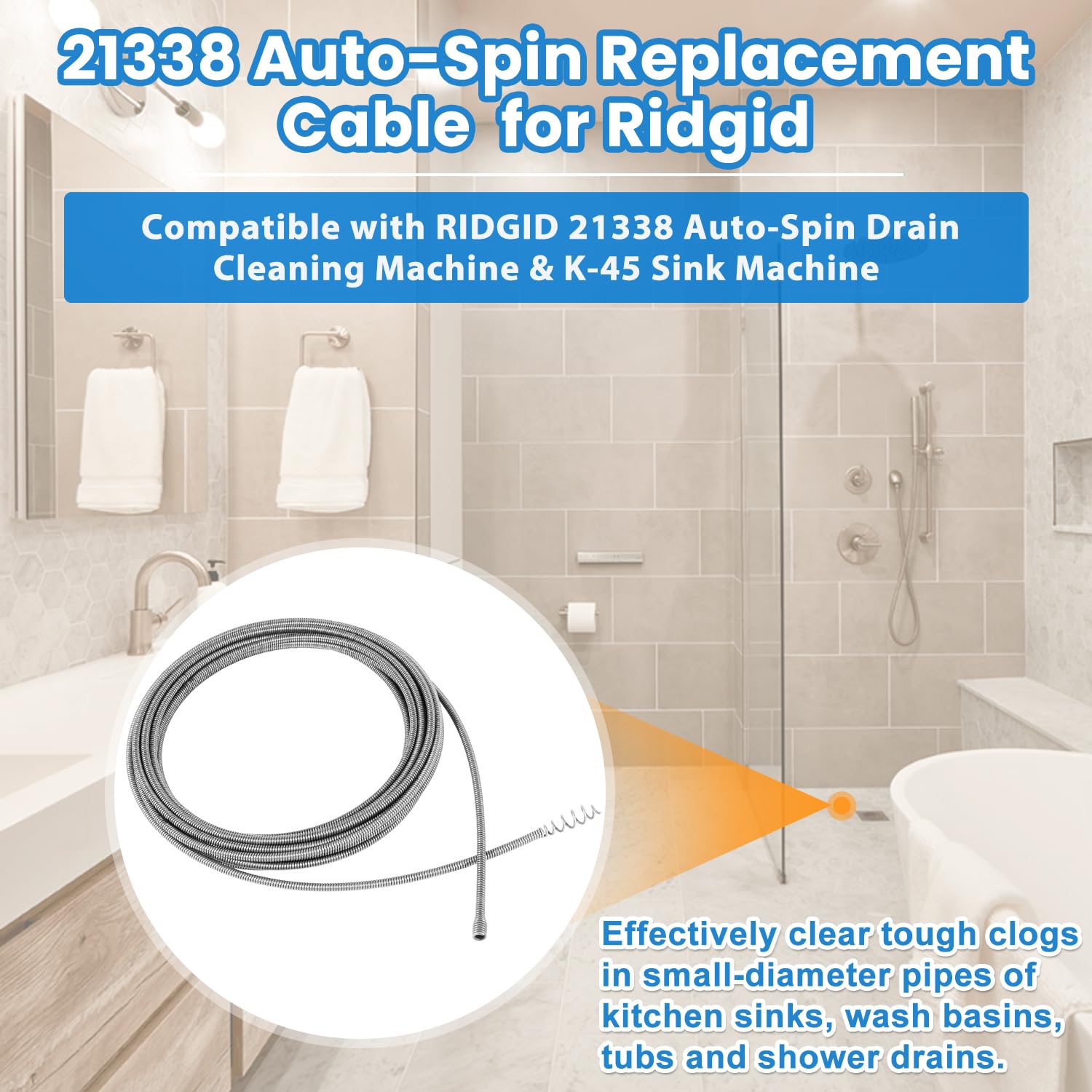 21338 Auto-Spin Replacement Cable for Ridgid - 1/4" x 30' Drain Snake Cable Compatible with K-45 Sink Machine