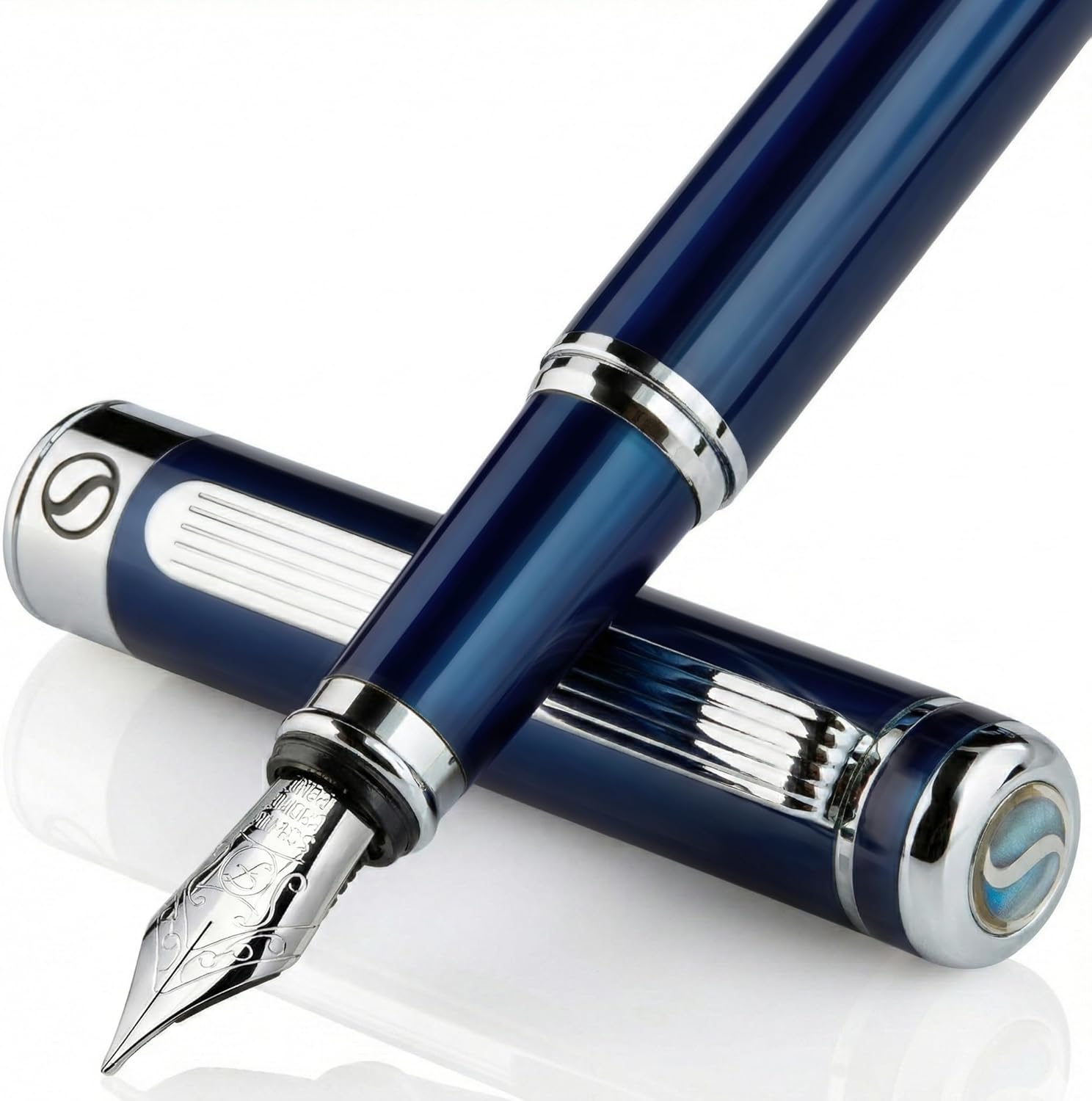 Scriveiner Silver Chrome Fountain Pen - Stunning Luxury Pen, Real Gold Finish Schmidt Gilded Nib (Medium), Best Pen Gift Set for Men & Women