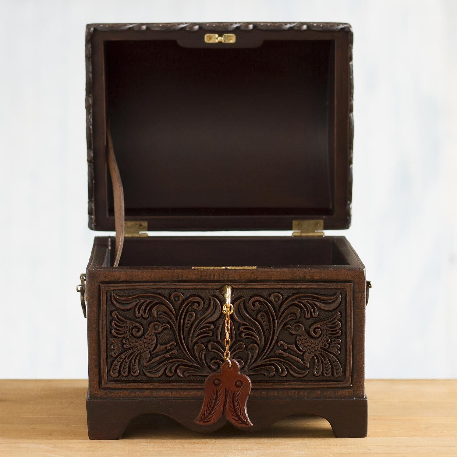 NOVICA Artisan Handmade Cedar and Leather Decorative Box | Floral Bird Motif | Brown Wood Accessories | 'Andean Flight' | 7" H x 8.75" W x 7" D