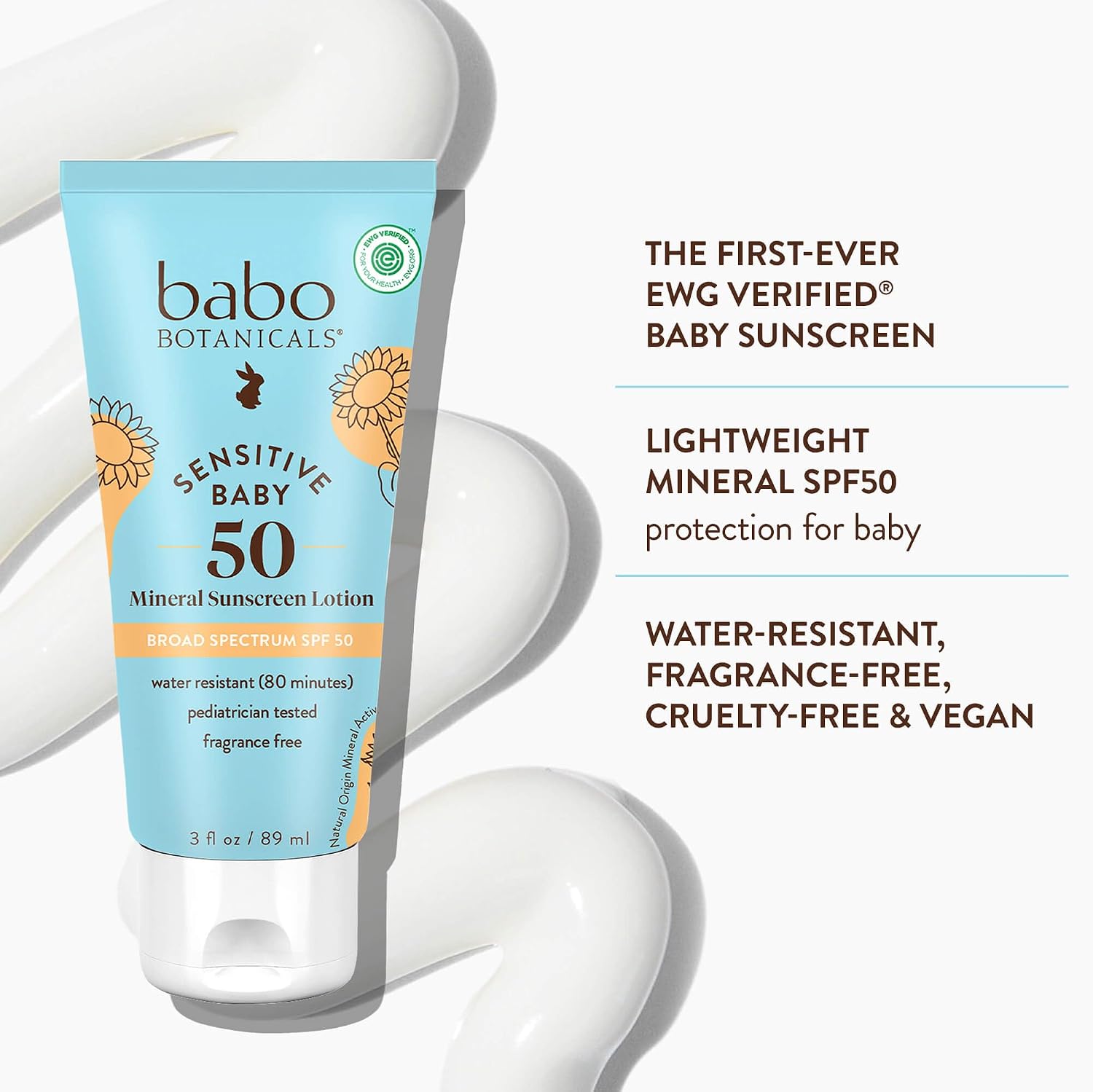 Babo Botanicals Sensitive Baby Mineral Sunscreen Lotion SPF50 - Natural Zinc Oxide - Face & Body - Fragrance-Free - Water-Resistant - EWG Verified