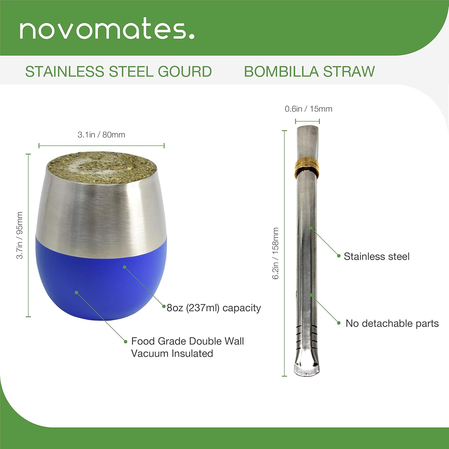 Novomates [NEW] Mate Cup and Bombilla Set - Mate Gourd - Includes Double Wall Stainless Steel Yerba Mate Tea Cup with Stanley Steel Mate Straw –