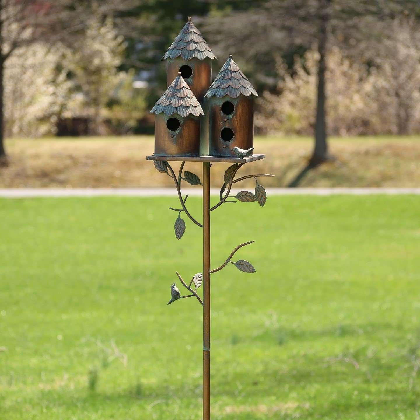 Large Copper Colored Multi-Birdhouse Stakes, Room for 4 Bird Families in Each (Cube Homes with Pyramid Roofs)