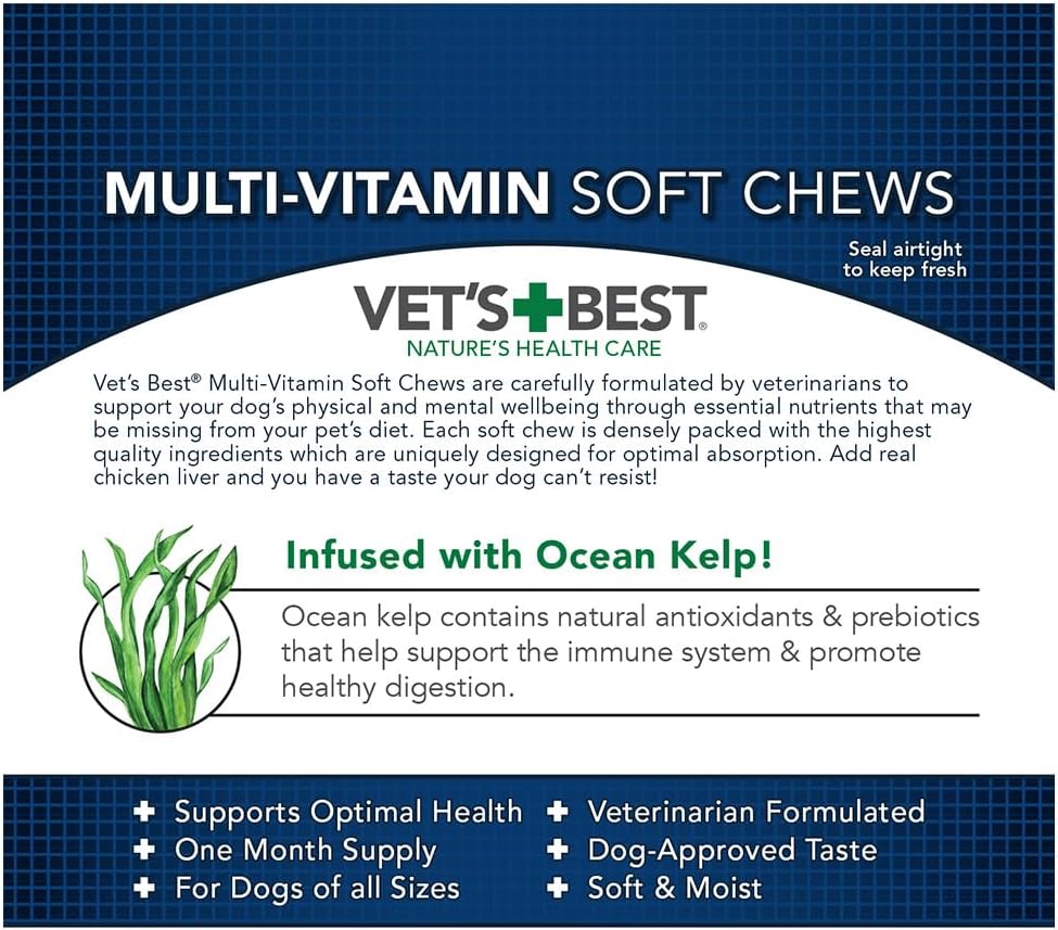 Vet's Best Multi-Vitamin Soft Chews for Dogs, Daily Wellness, 30 Count | Daily Multivitamin Soft Chews, Supports Physical & Mental Wellness