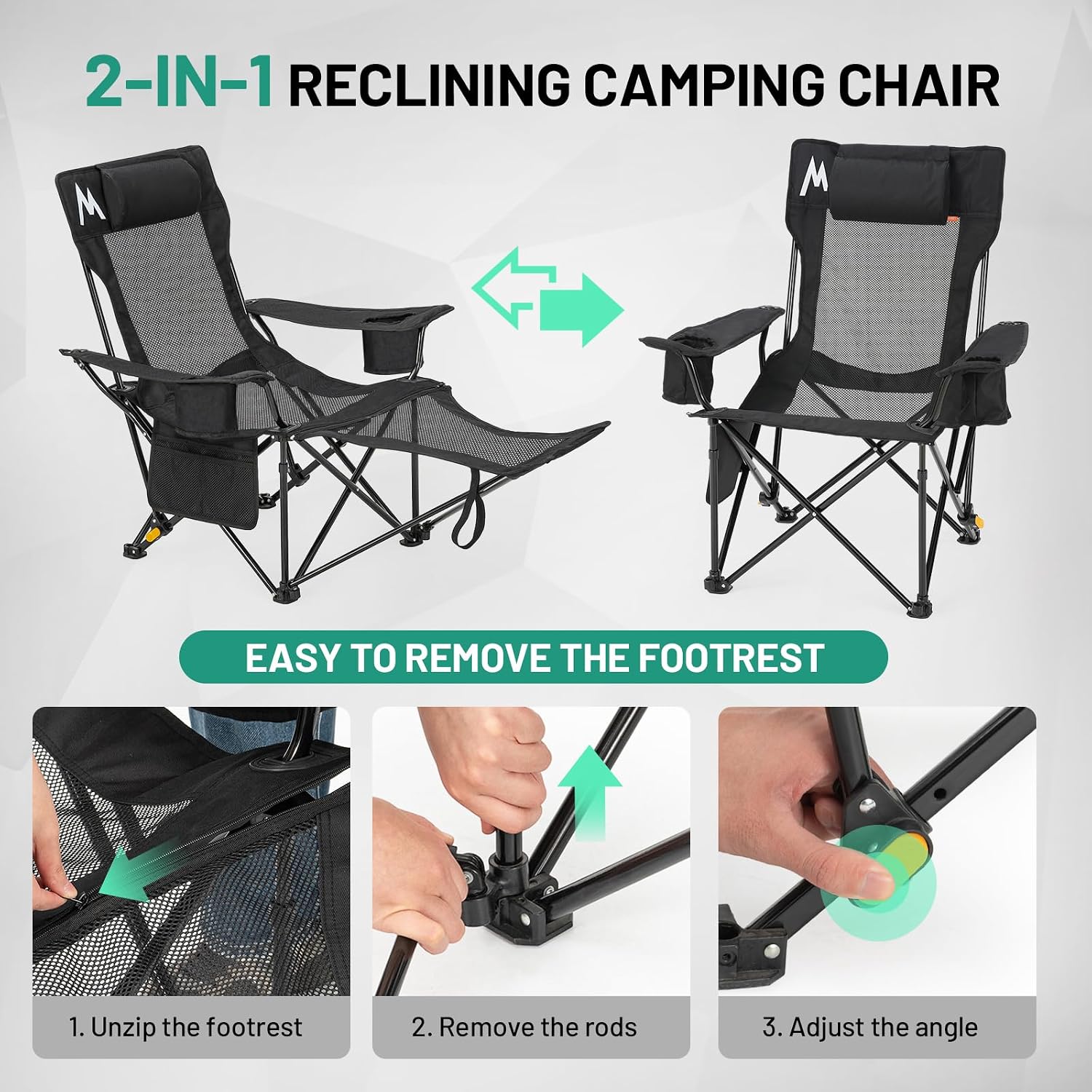 Overmont Reclining Camping Chair with Footrest - 4-Position Adjustable Backrest Lightweight Folding Lounge Chair for Adults with Pillow Carry Bag